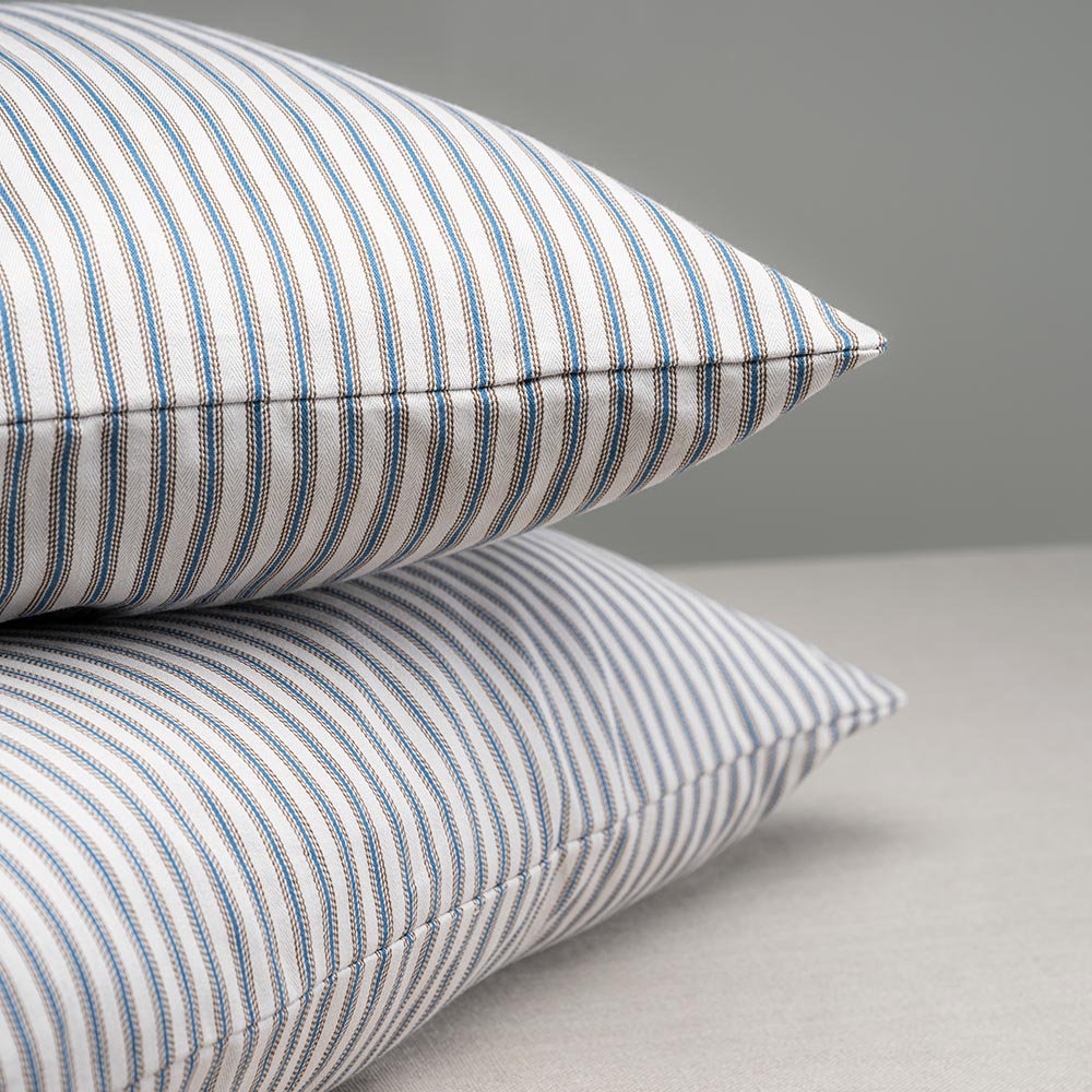 Square Kip Cushion in Ticking Cotton, Blue Brown