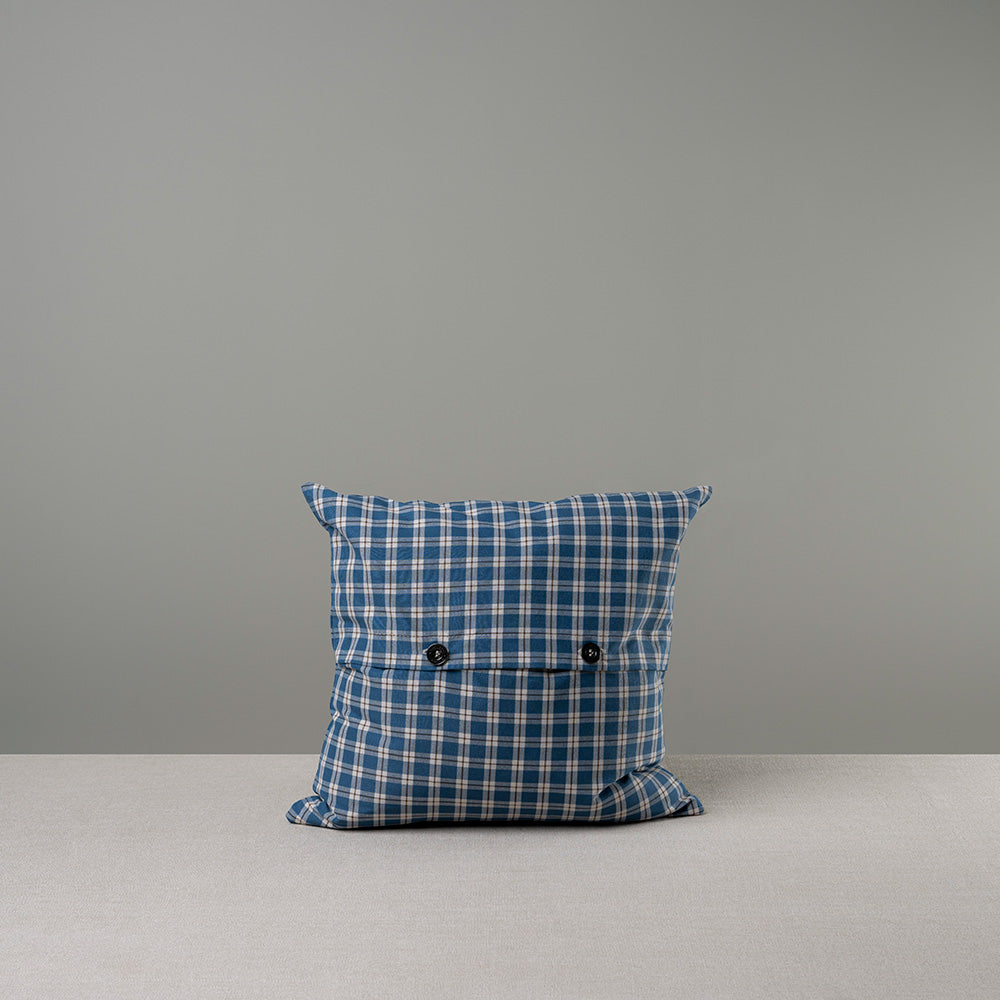 Back Side of Medium Square Cushion in Plaid Cotton, Blue With 2 Buttons - By NiX