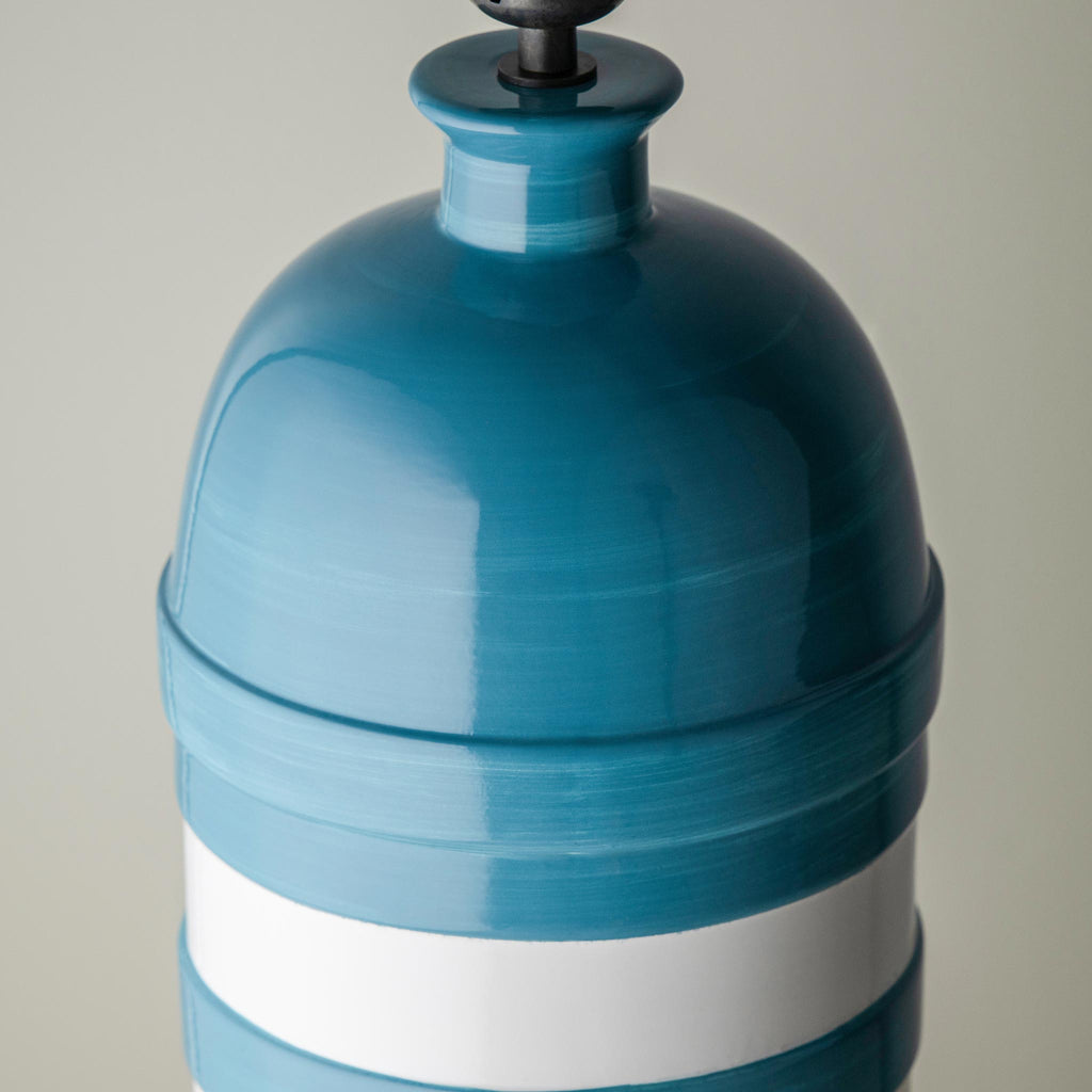 Humbug Striped Ceramic Table Lamp Base in Blue & Warm White, Top Closeup - Nicola Harding