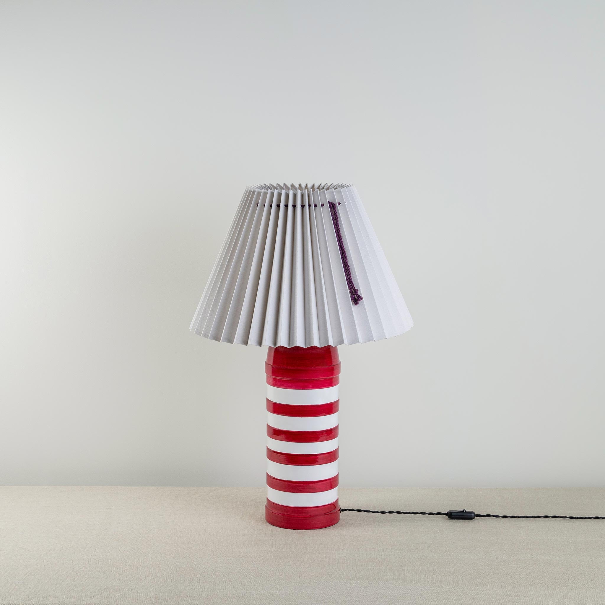 Humbug Striped Ceramic Table Lamp Base in Cherry Red & Warm White - Nicola Harding