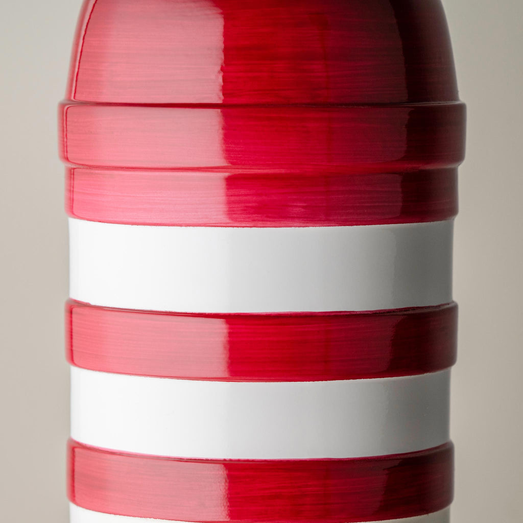 Humbug Striped Ceramic Table Lamp Base in Cherry Red & Warm White, Closeup - Nicola Harding