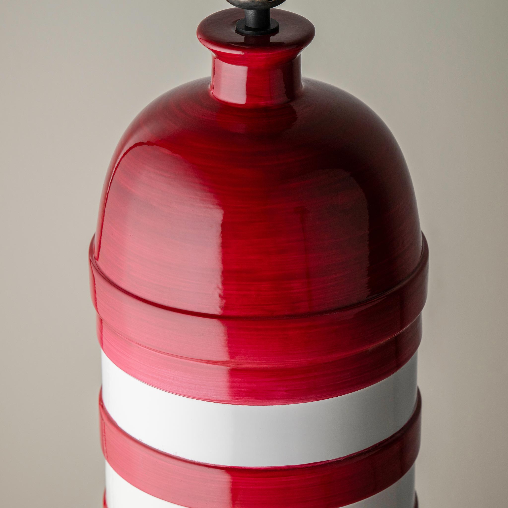 Humbug Striped Ceramic Table Lamp Base in Cherry Red & Warm White, Top Design Closeup - Nicola Harding