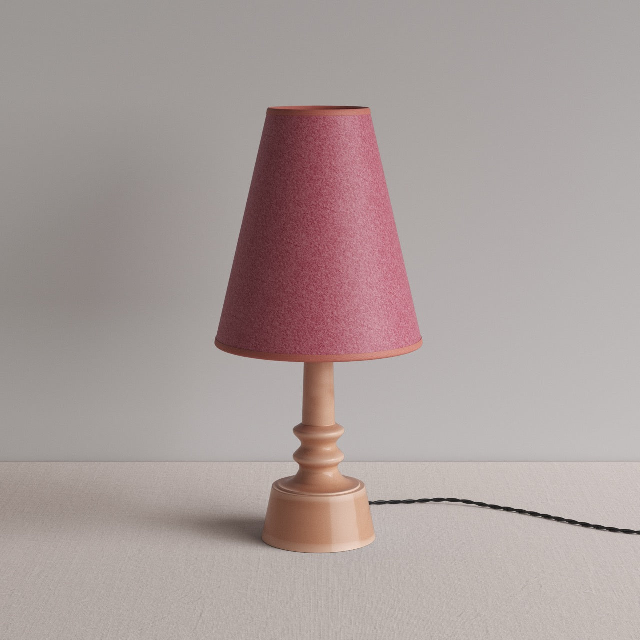 Ditsy Ceramic Table Lamp Base in Blush Pink, With Ditsy Tall Tapered Lamp Shade in Burgundy with Pink Trim - By NiX