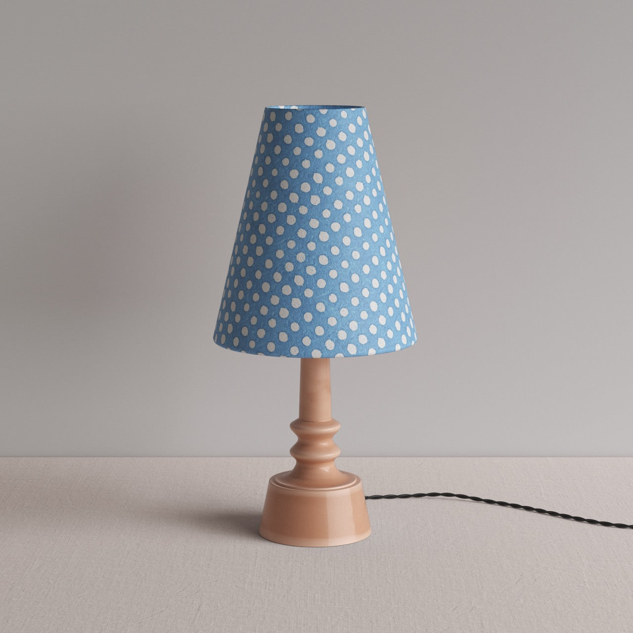 Ditsy Ceramic Table Lamp Base in Blush Pink, With Ditsy Tall Tapered Lamp Shade in Dotty Sky Blue - By NiX