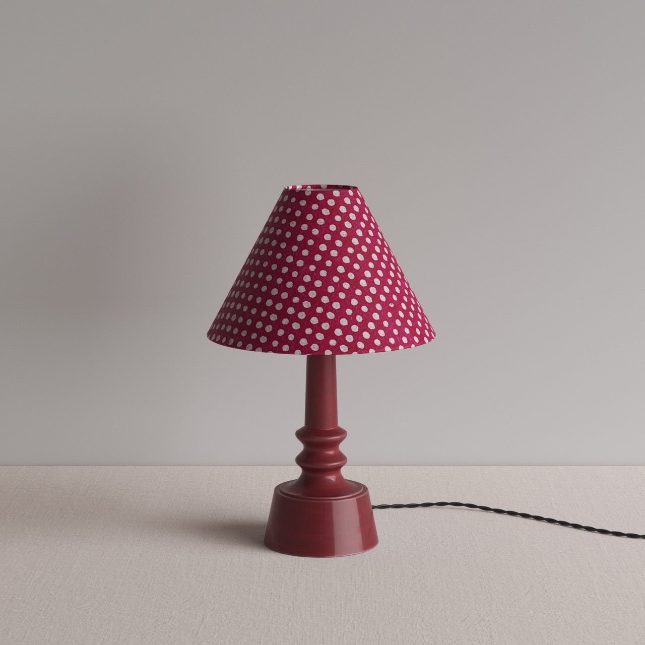Ditsy Ceramic Table Lamp Base in Damson Pink, With Ditsy Classic Empire Lamp Shade in Dotty Maroon - By NiX