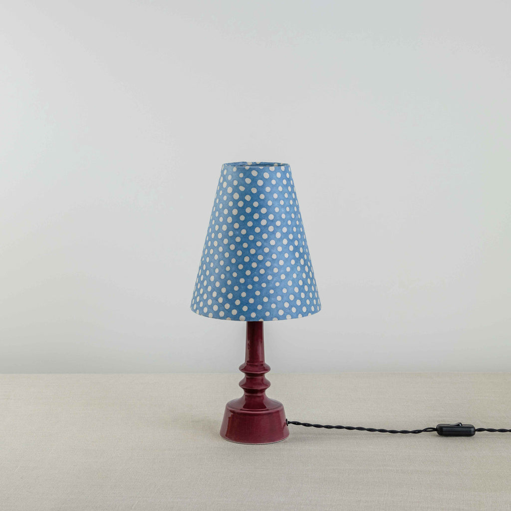 Ditsy Ceramic Table Lamp Base in Damson Pink, With Ditsy Tall Tapered Lamp Shade in Dotty Sky Blue - Nicola Harding
