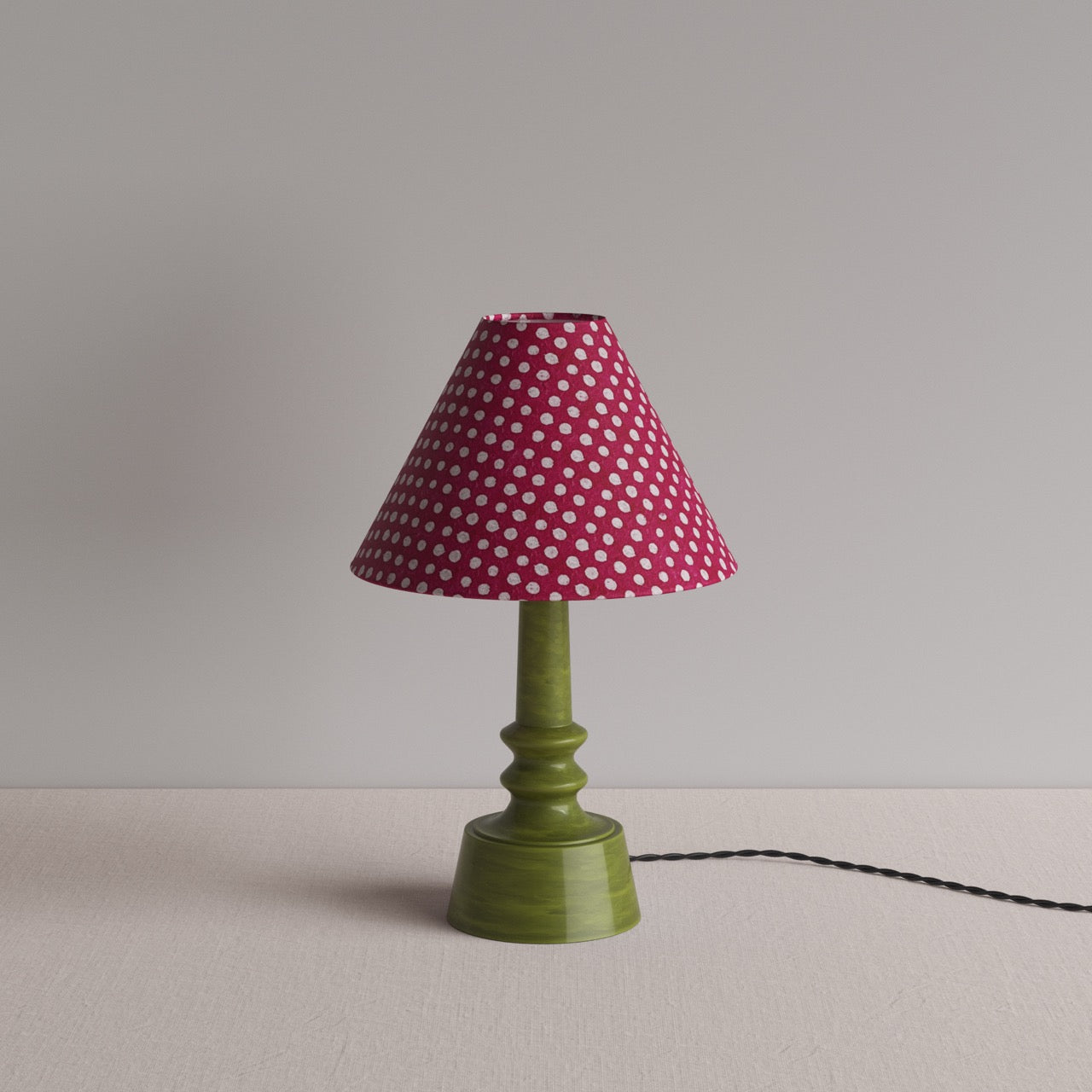 Ditsy Ceramic Table Lamp Base in Olive Green, With Ditsy Classic Empire Lamp Shade in Dotty Maroon - By NiX