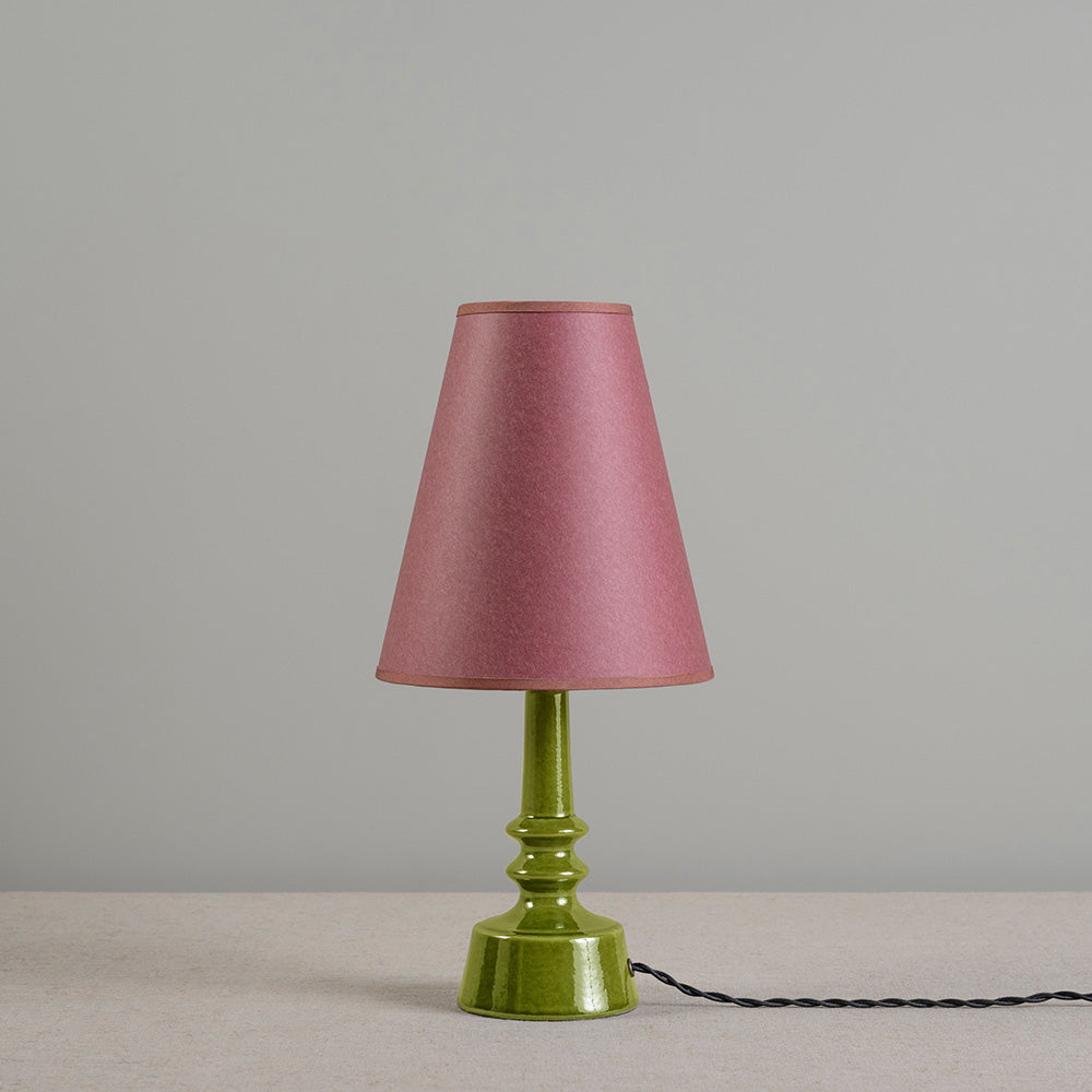 Ditsy Ceramic Table Lamp Base in Olive Green, With Focused Empire Paper Lamp Shade in Burgundy with Muted Pink Trim - Nicola Harding