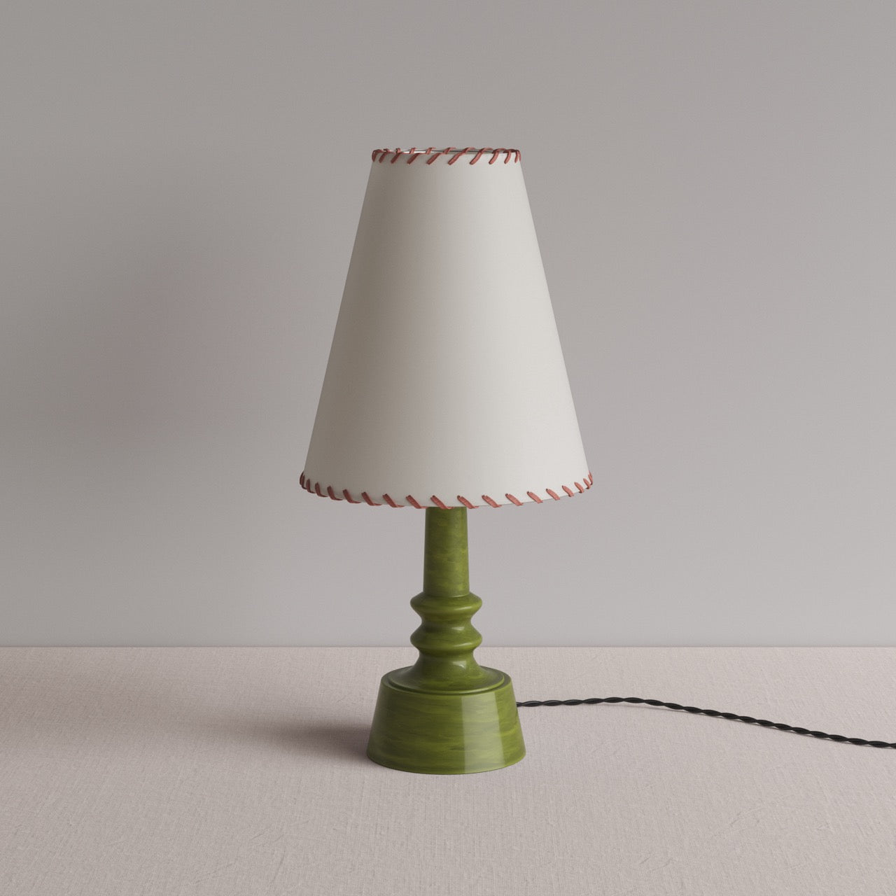 Ditsy Ceramic Table Lamp Base in Olive Green, With Ditsy Tall Tapered Lamp Shade in Natural Parchment - By NiX