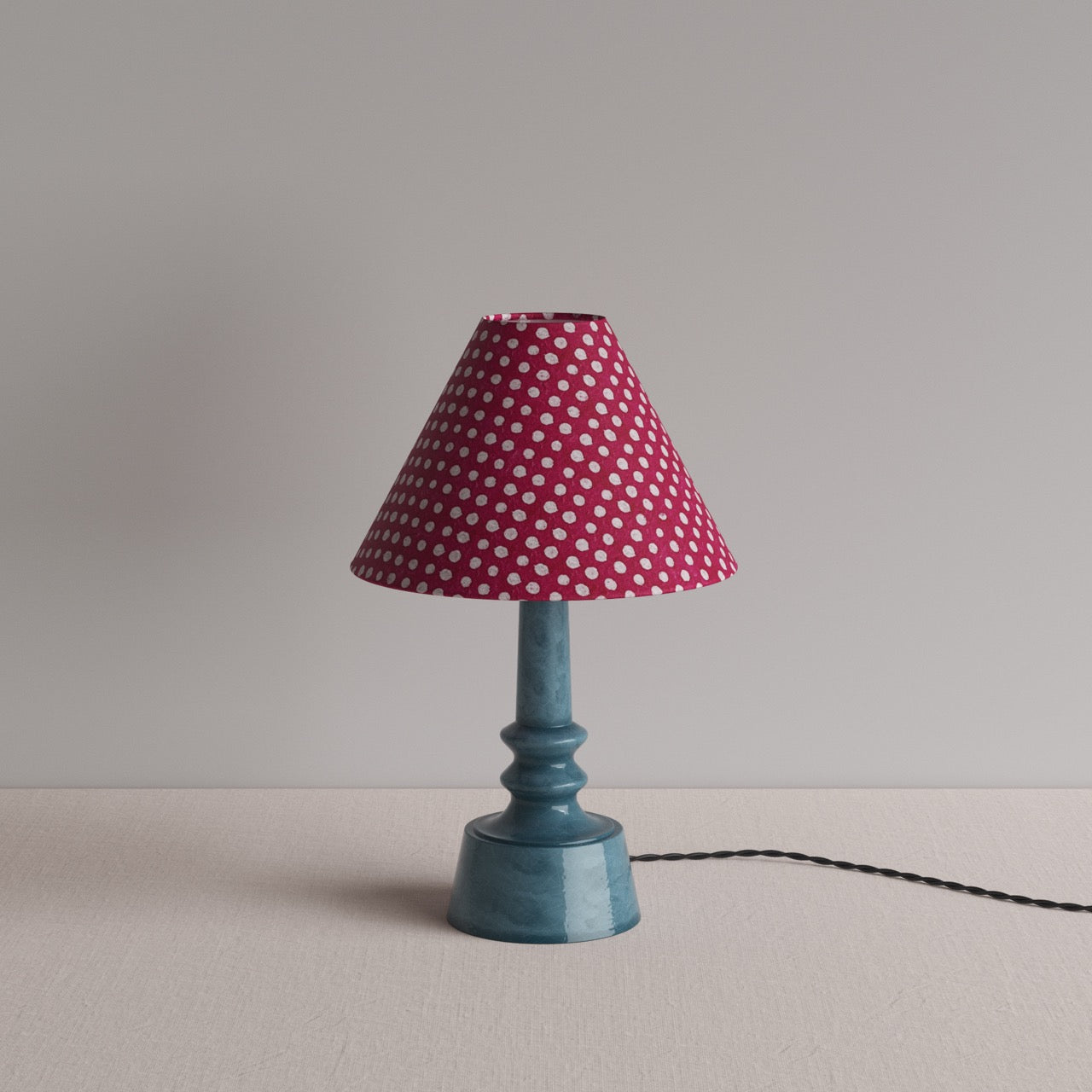 Ditsy Ceramic Table Lamp Base in Sea Blue, With Red Dotted Lampshade - NiX By Nicola Harding Co.