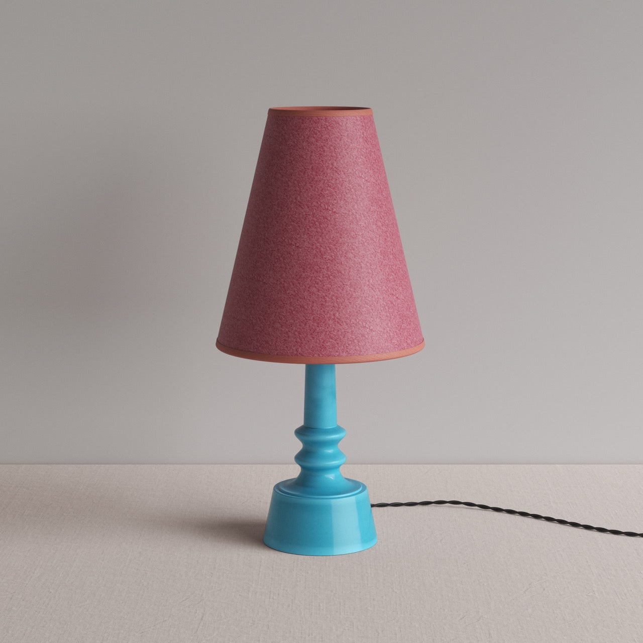 Ditsy Ceramic Table Lamp Base in Turquoise, With Ditsy Tall Tapered Lamp Shade in Burgundy with Pink Trim - Nicola Harding