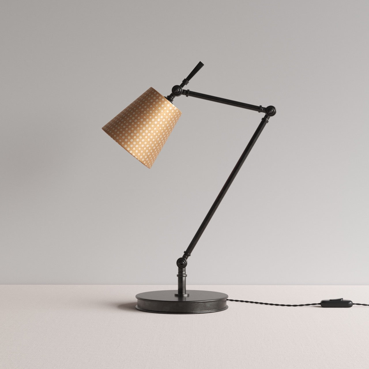 Focused Table Lamp Base in Waxed Brass, With Focused Empire Batik Paper Lamp Shade in Spotty Dotty Tan - By NiX