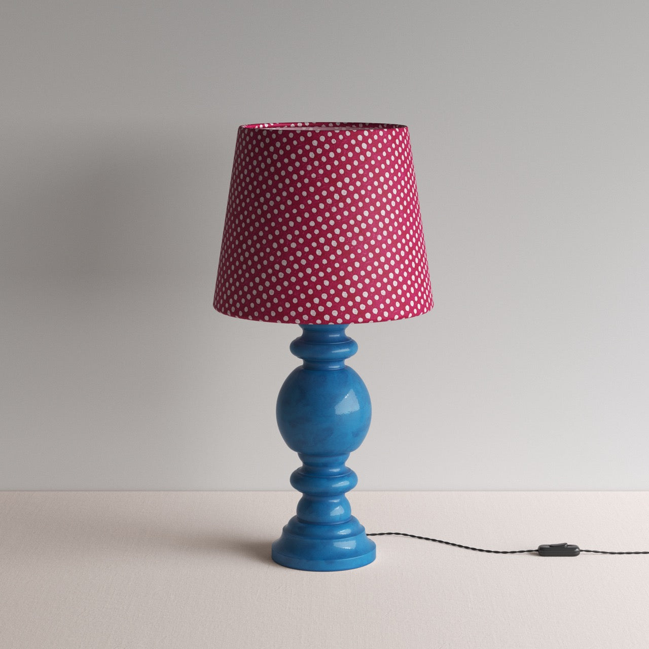 Hourglass Ceramic Table Lamp Base in Blue, With Humbug Straight Empire Batik Paper Lamp Shade in Dotty Maroon - Nicola Harding
