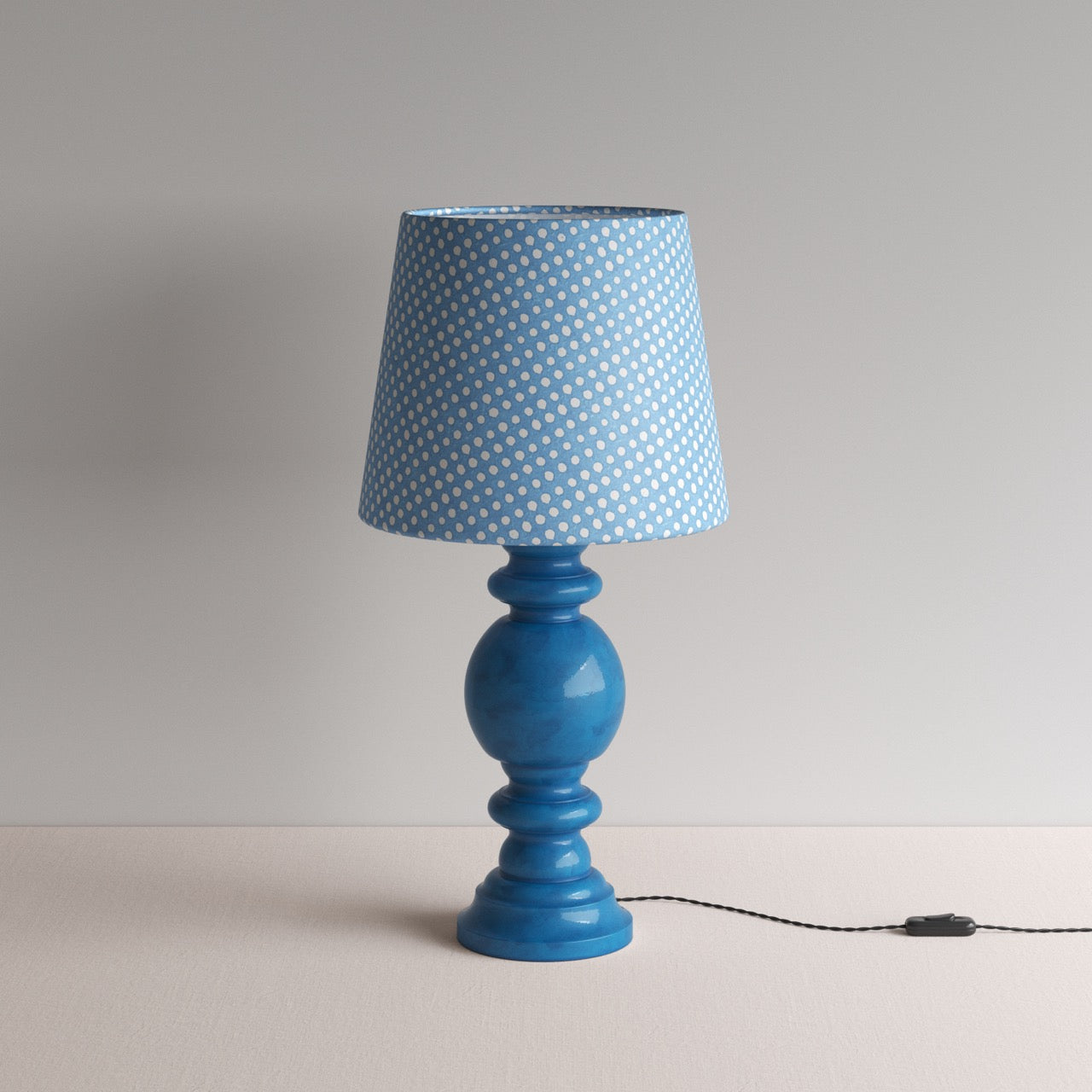 Hourglass Ceramic Table Lamp Base in Blue, With Humbug Straight Empire Batik Paper Lamp Shade in Dotty Sky Blue - Nicola Harding