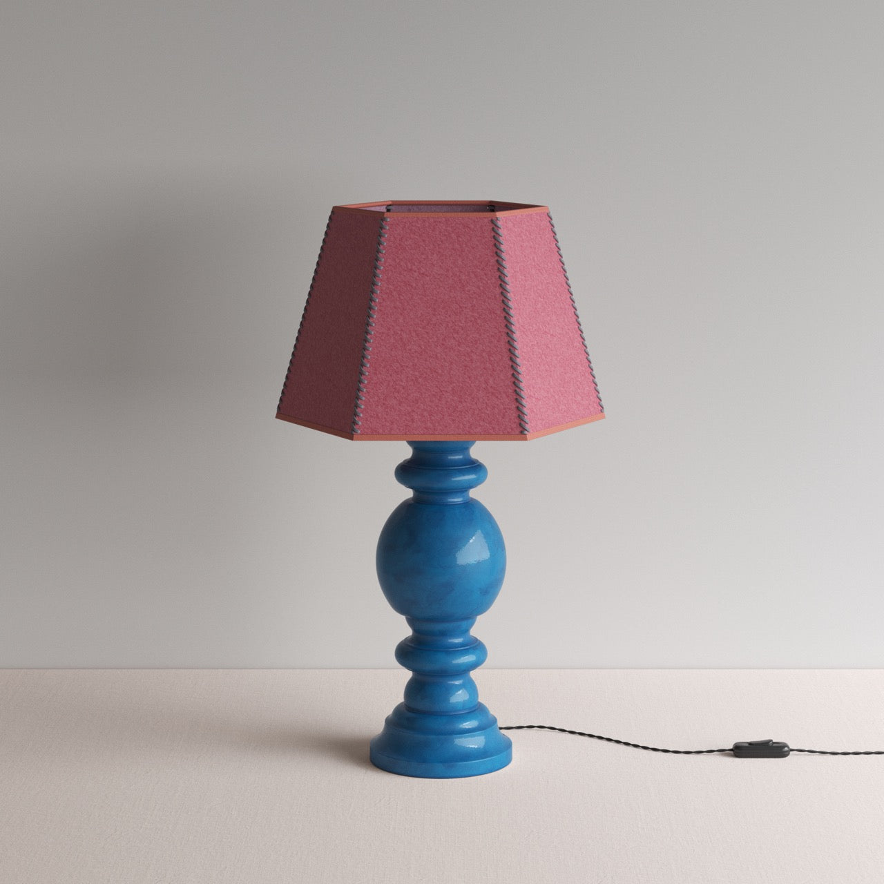 Hourglass Ceramic Table Lamp Base in Blue, With Townhouse Hexagonal Lamp Shade in Burgundy with Pink Trim & Stitching - Nicola Harding
