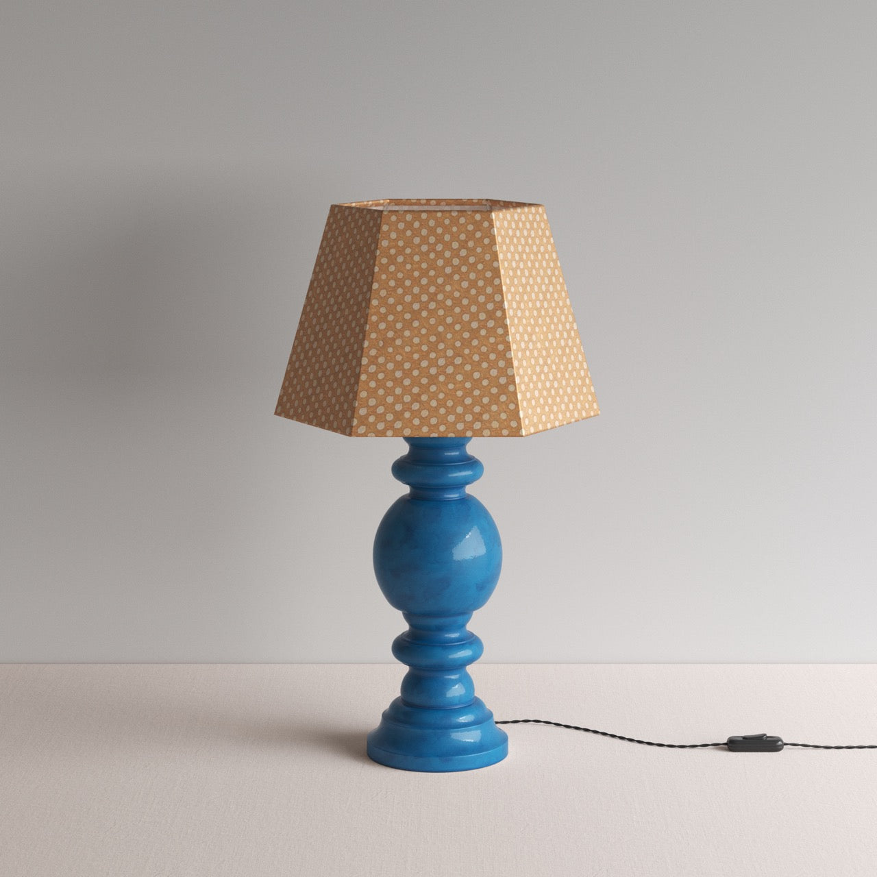 Hourglass Ceramic Table Lamp Base in Blue, With Townhouse Hexagonal Lamp Shade in Dotty Tan - Nicola Harding