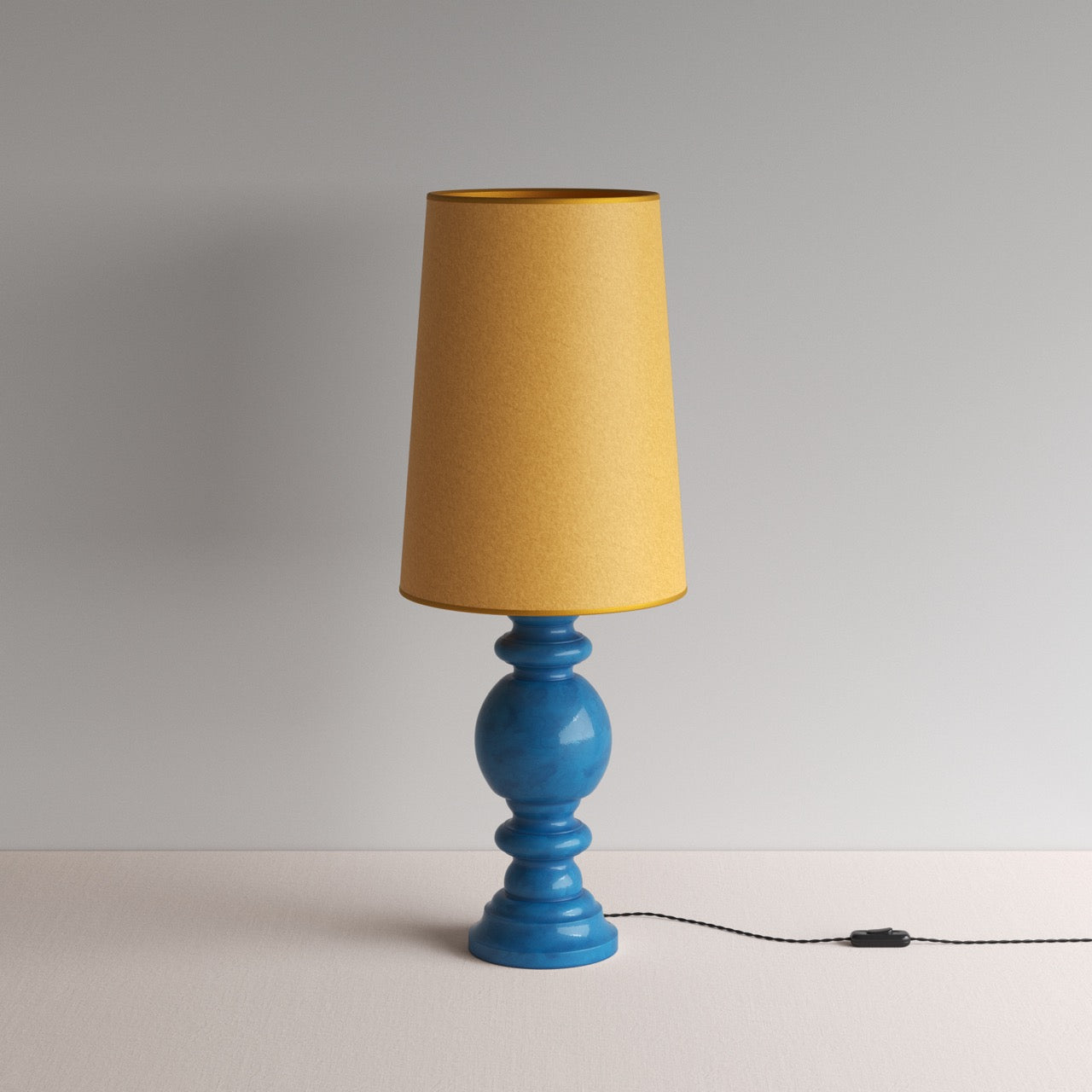 Hourglass Ceramic Table Lamp Base in Blue, With Whimsical Tall Straight Empire Lamp Shade in Mustard with Antiqued Gold Trim - Nicola Harding