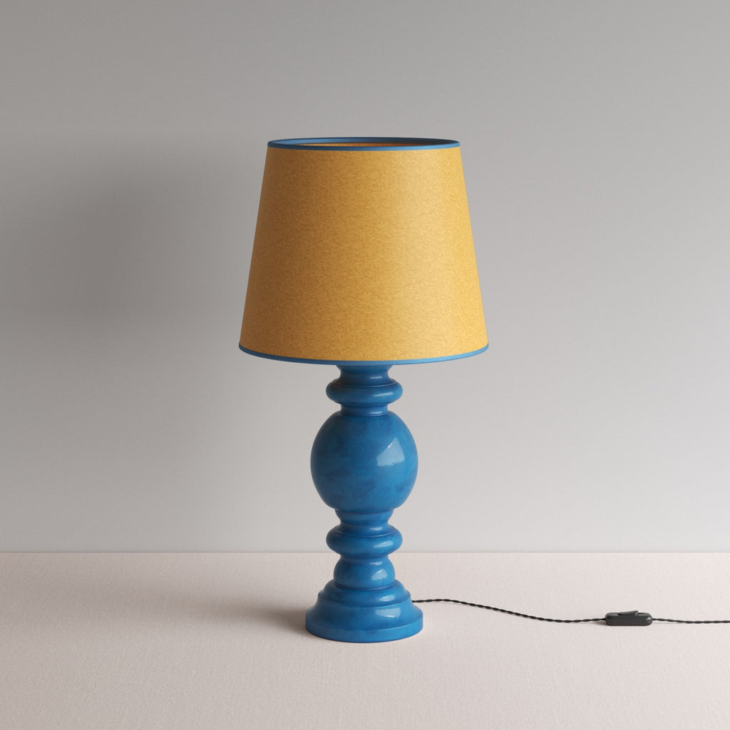 Hourglass Ceramic Table Lamp Base in Blue, With Humbug Straight Empire Paper Lamp Shade in Mustard with Blue Trim - Nicola Harding