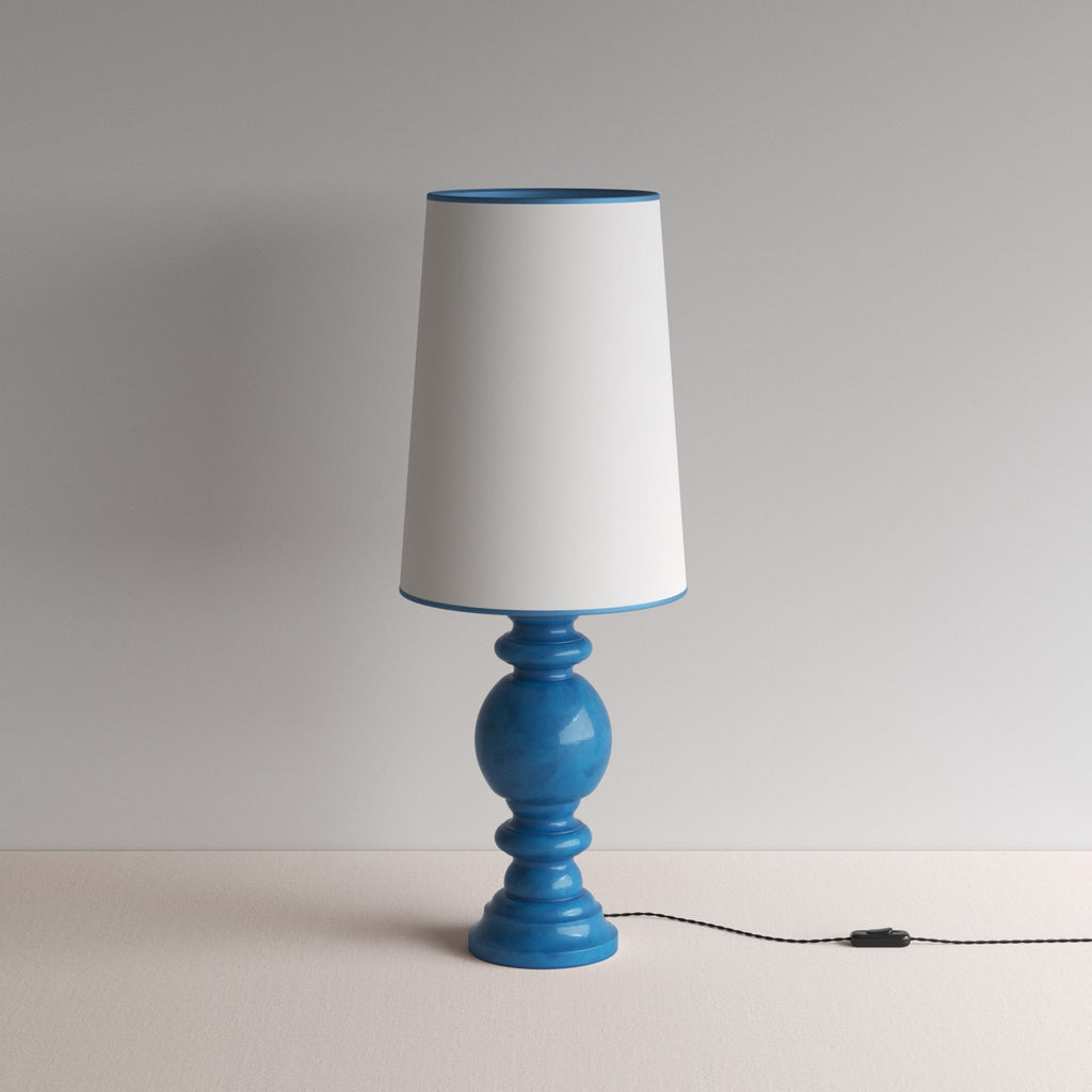 Hourglass Ceramic Table Lamp Base in Blue, With Whimsical Tall Straight Empire Lamp Shade in Soft White with Peacock Blue Trim - Nicola Harding