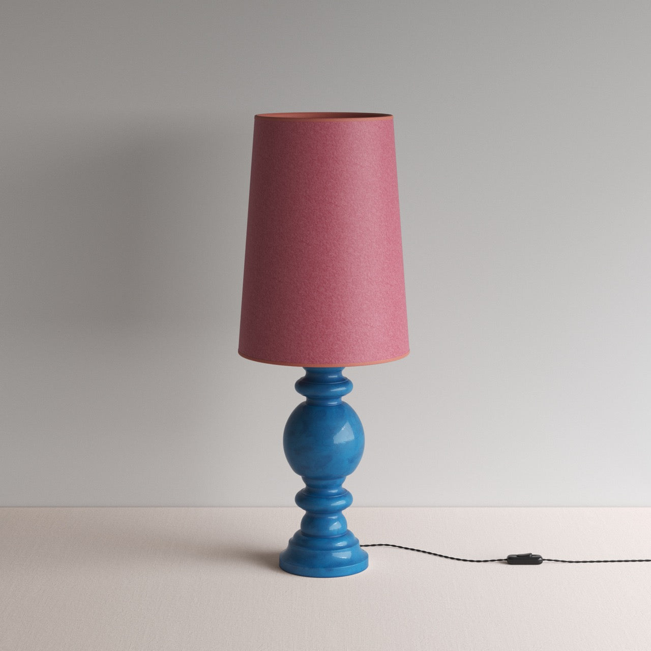 Hourglass Ceramic Table Lamp Base in Blue, With Whimsical Tall Straight Empire Lamp Shade in Burgundy - Nicola Harding