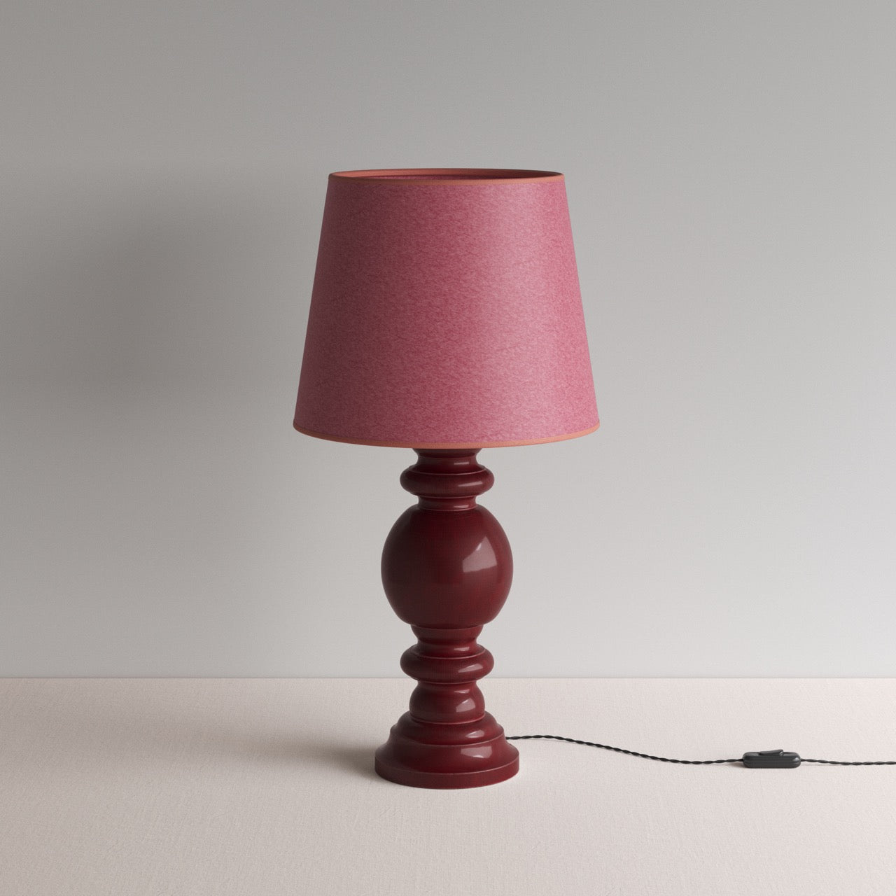 Hourglass Ceramic Table Lamp Base in Cherry, With Humbug Straight Empire Paper Lampshade in Burgundy Paper with Pink Trim - NiX