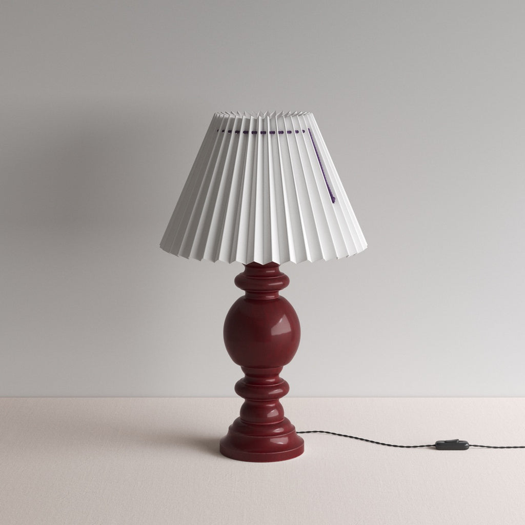 Hourglass Ceramic Table Lamp Base in Cherry, With Sunburst Concertina Natural Pleat Lamp Shade with Mauve Cord - By NiX