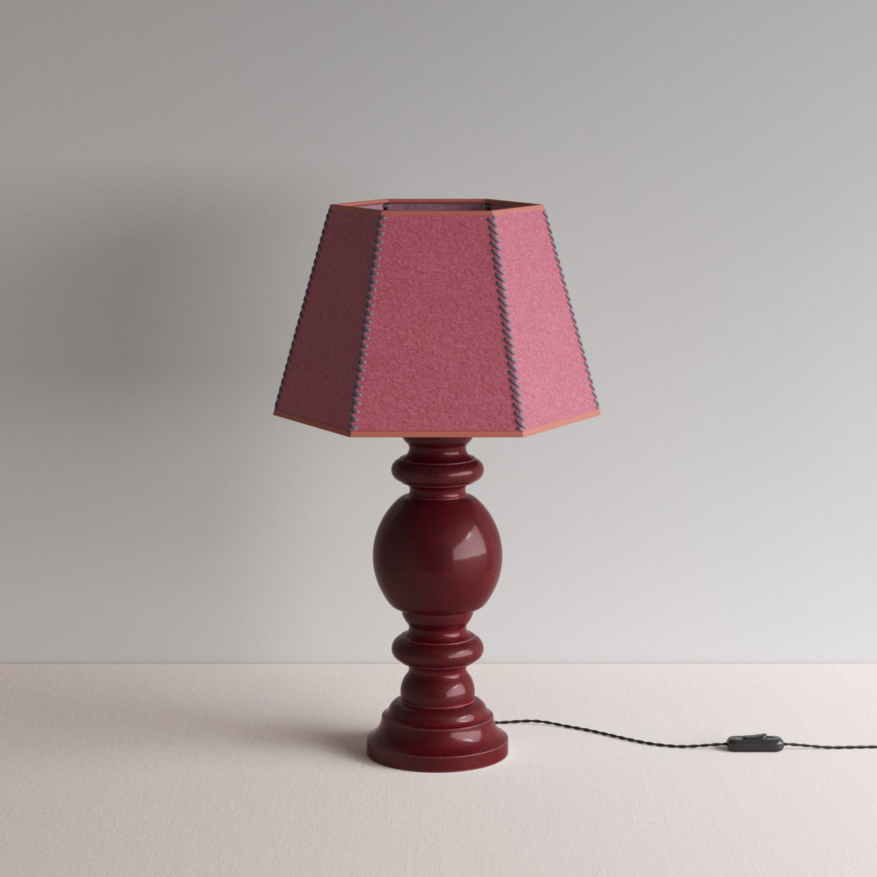 Hourglass Ceramic Table Lamp Base in Cherry, With Townhouse Hexagonal Lamp Shade in Burgundy with Pink Trim & Stitching - NiX