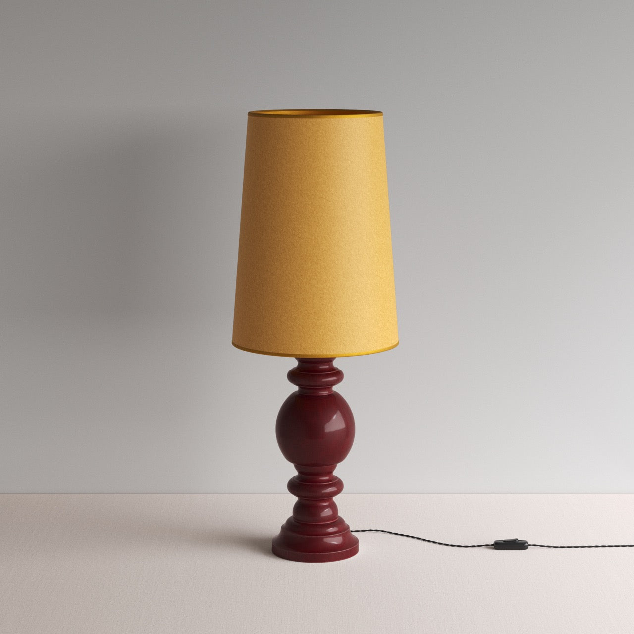 Hourglass Ceramic Table Lamp Base in Cherry, With Whimsical Tall Straight Empire Lamp Shade in Mustard with Antiqued Gold Trim - By NiX