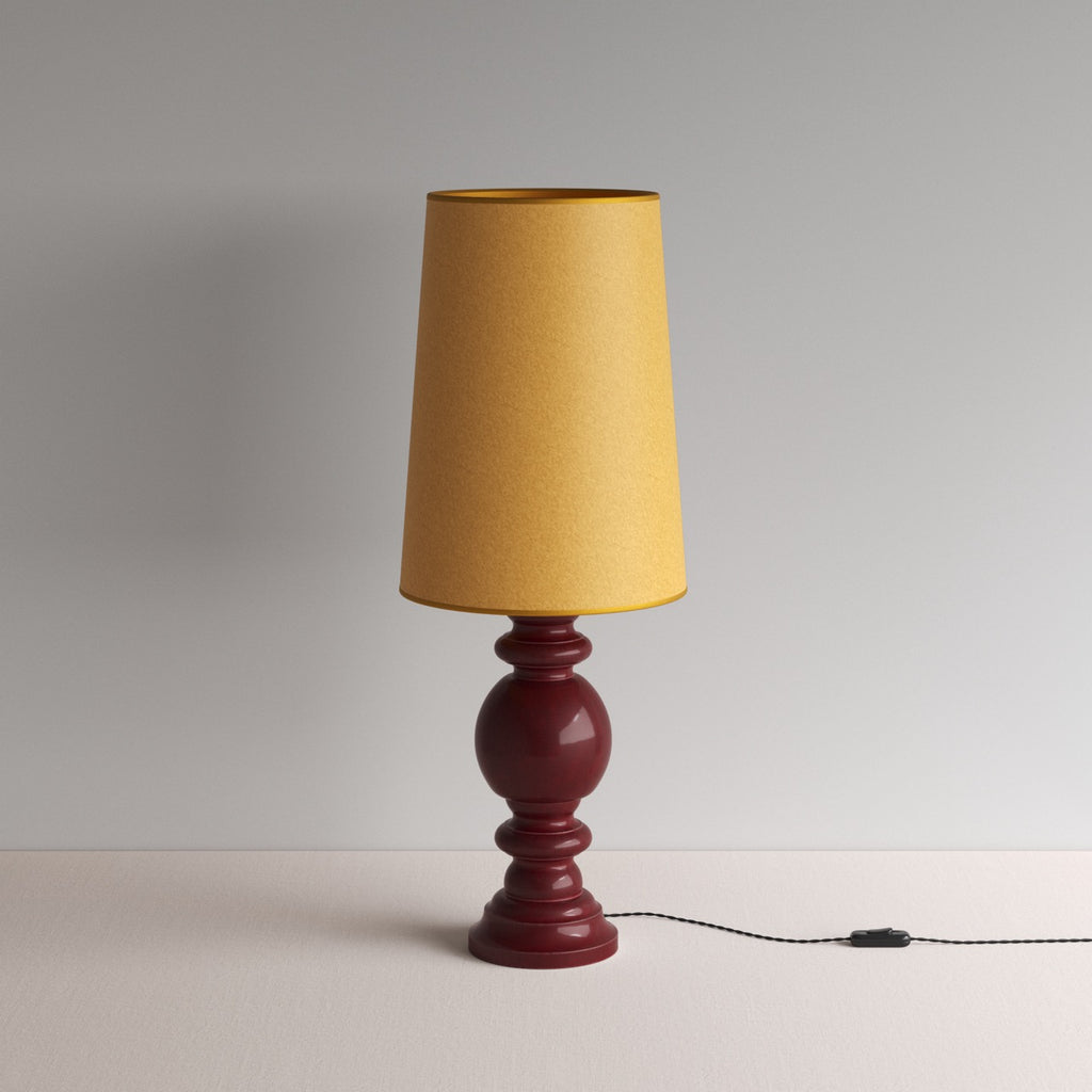 Hourglass Ceramic Table Lamp Base in Cherry, With Whimsical Tall Straight Empire Lamp Shade in Mustard with Antiqued Gold Trim - By NiX