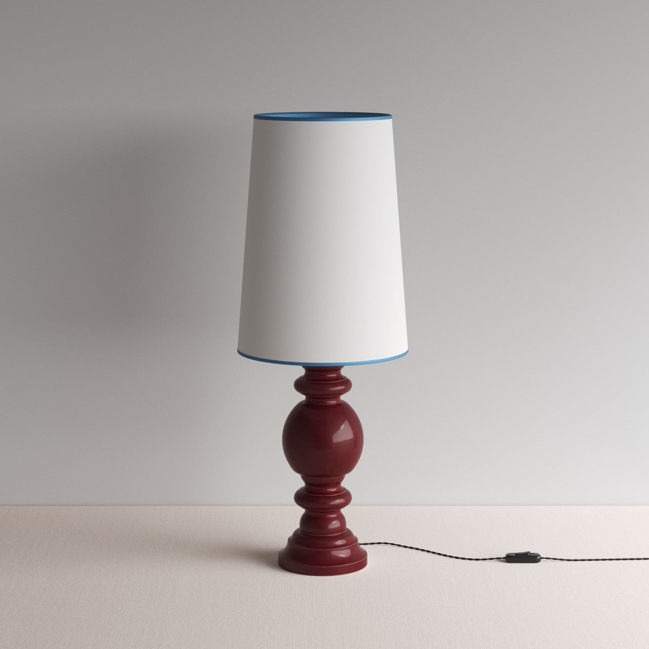 Hourglass Ceramic Table Lamp Base in Cherry, With Whimsical Tall Straight Empire Lamp Shade in Soft White with Peacock Blue Trim - NiX