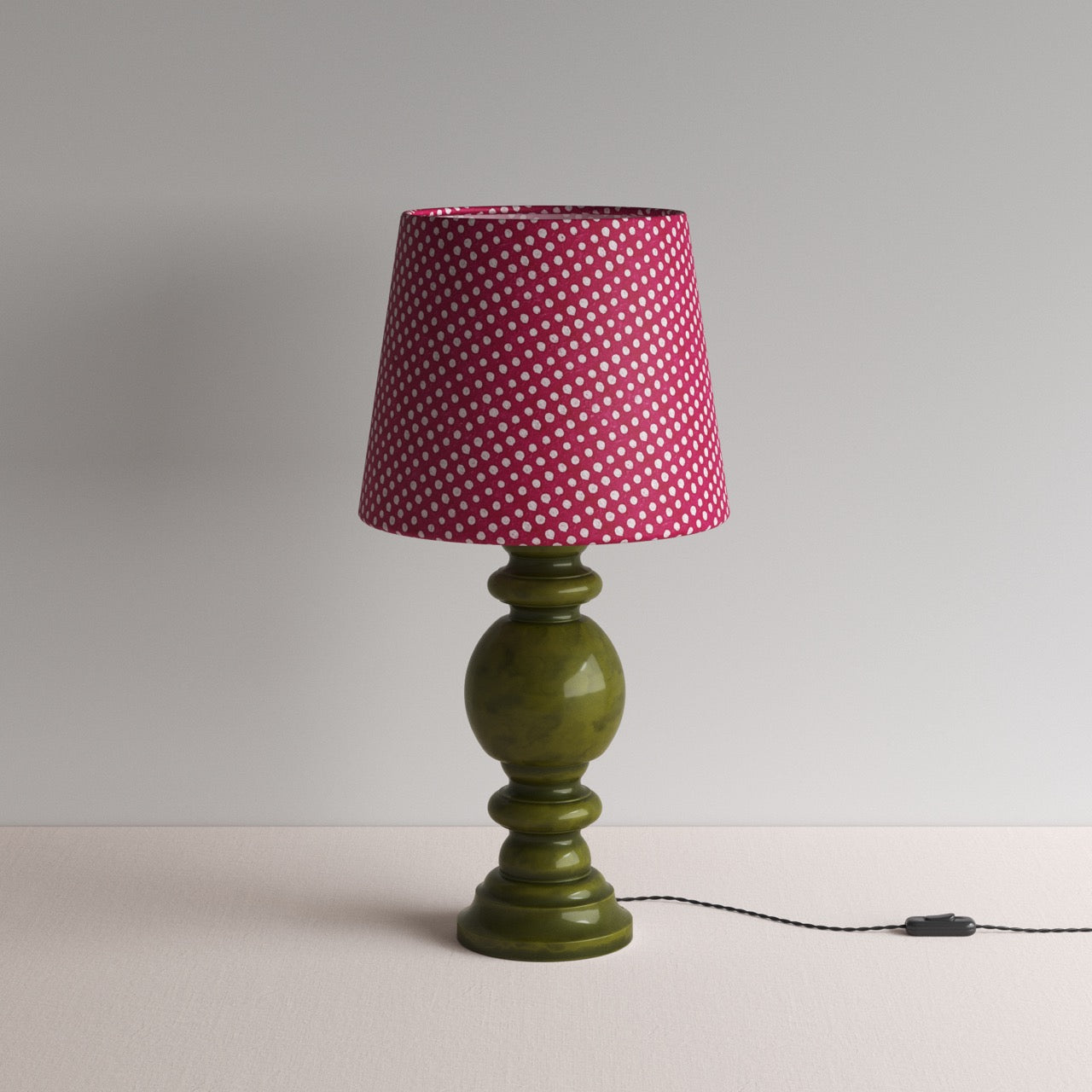 Hourglass Ceramic Table Lamp Base in Green, With Humbug Straight Empire Batik Paper Lamp Shade in Dotty Maroon - NiX By Nicola Harding & Co.