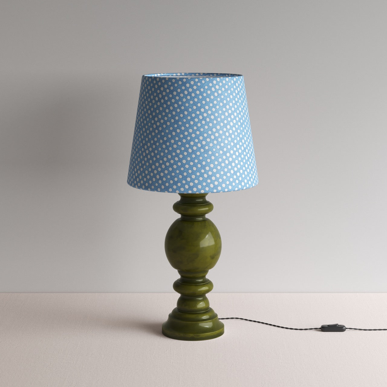 Hourglass Ceramic Table Lamp Base in Green, With Humbug Straight Empire Batik Paper Lamp Shade in Dotty Sky Blue - NiX By Nicola Harding & Co.