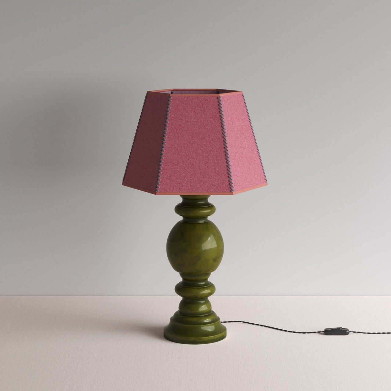 Hourglass Ceramic Table Lamp Base in Green, With Townhouse Hexagonal Lamp Shade in Burgundy with Pink Trim & Stitching - NiX By Nicola Harding & Co.