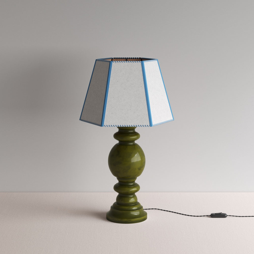 Hourglass Ceramic Table Lamp Base in Green, With Townhouse Hexagonal Lamp Shade in Soft White with Peacock Blue Trim & Stitching - NiX By Nicola Harding & Co.