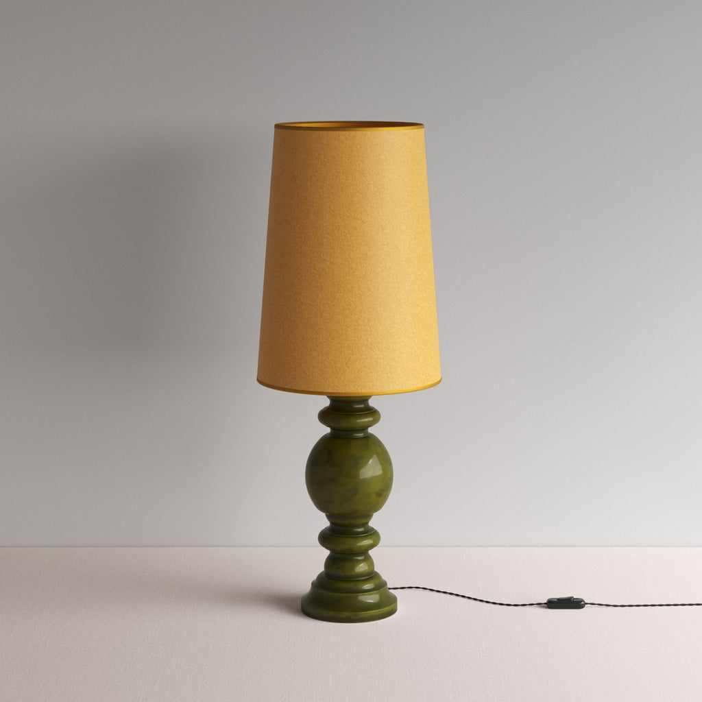 Hourglass Ceramic Table Lamp Base in Green, With Whimsical Tall Straight Empire Lamp Shade in Mustard with Antiqued Gold Trim - NiX By Nicola Harding & Co.