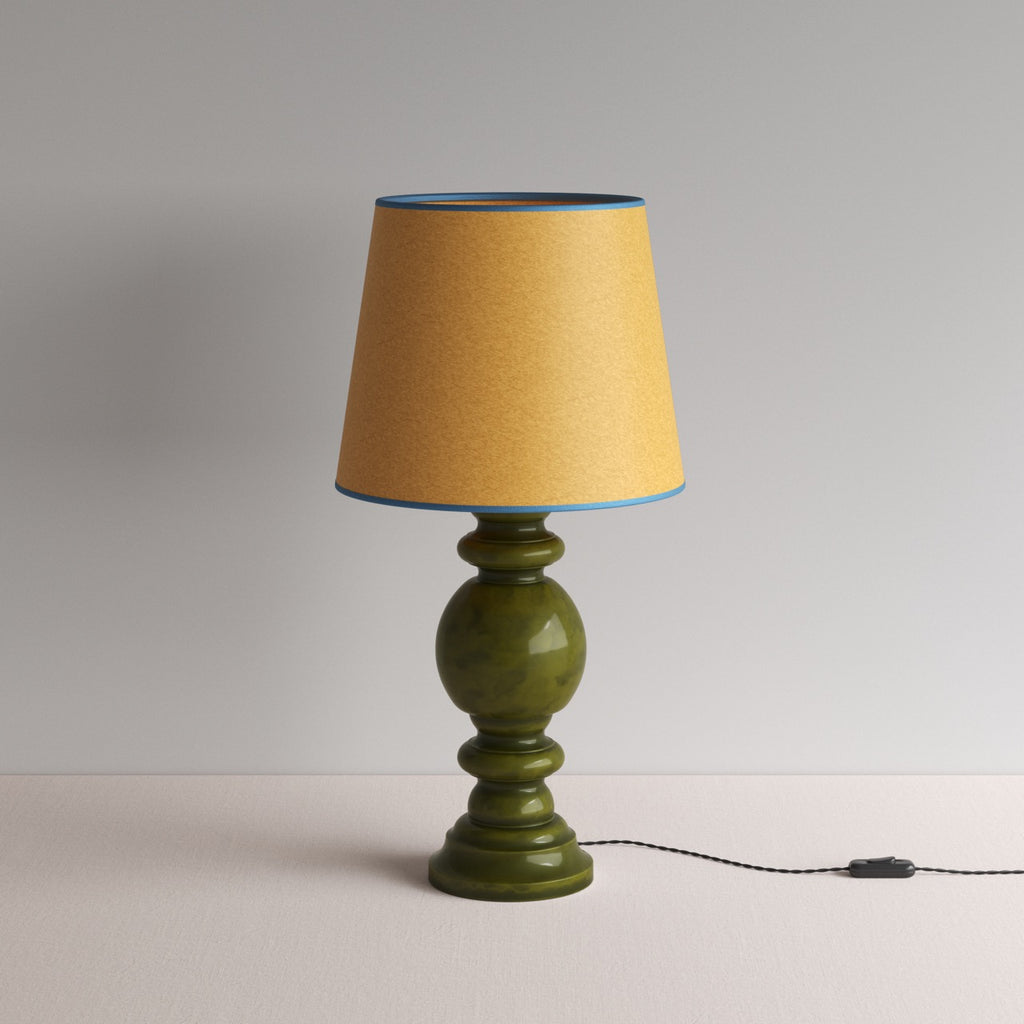 Hourglass Ceramic Table Lamp Base in Green, With Humbug Straight Empire Paper Lamp Shade in Mustard with Blue Trim - NiX By Nicola Harding & Co.