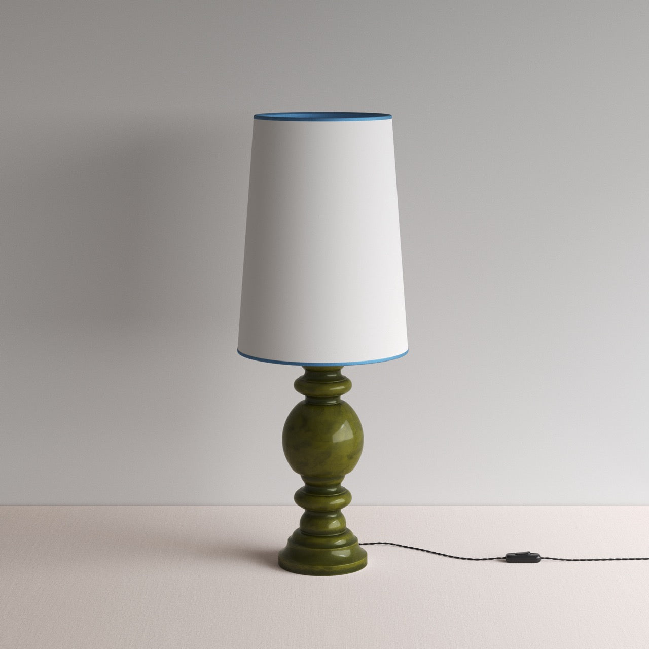 Hourglass Ceramic Table Lamp Base in Green, With Whimsical Tall Straight Empire Lamp Shade in Soft White with Peacock Blue Trim - NiX By Nicola Harding & Co.