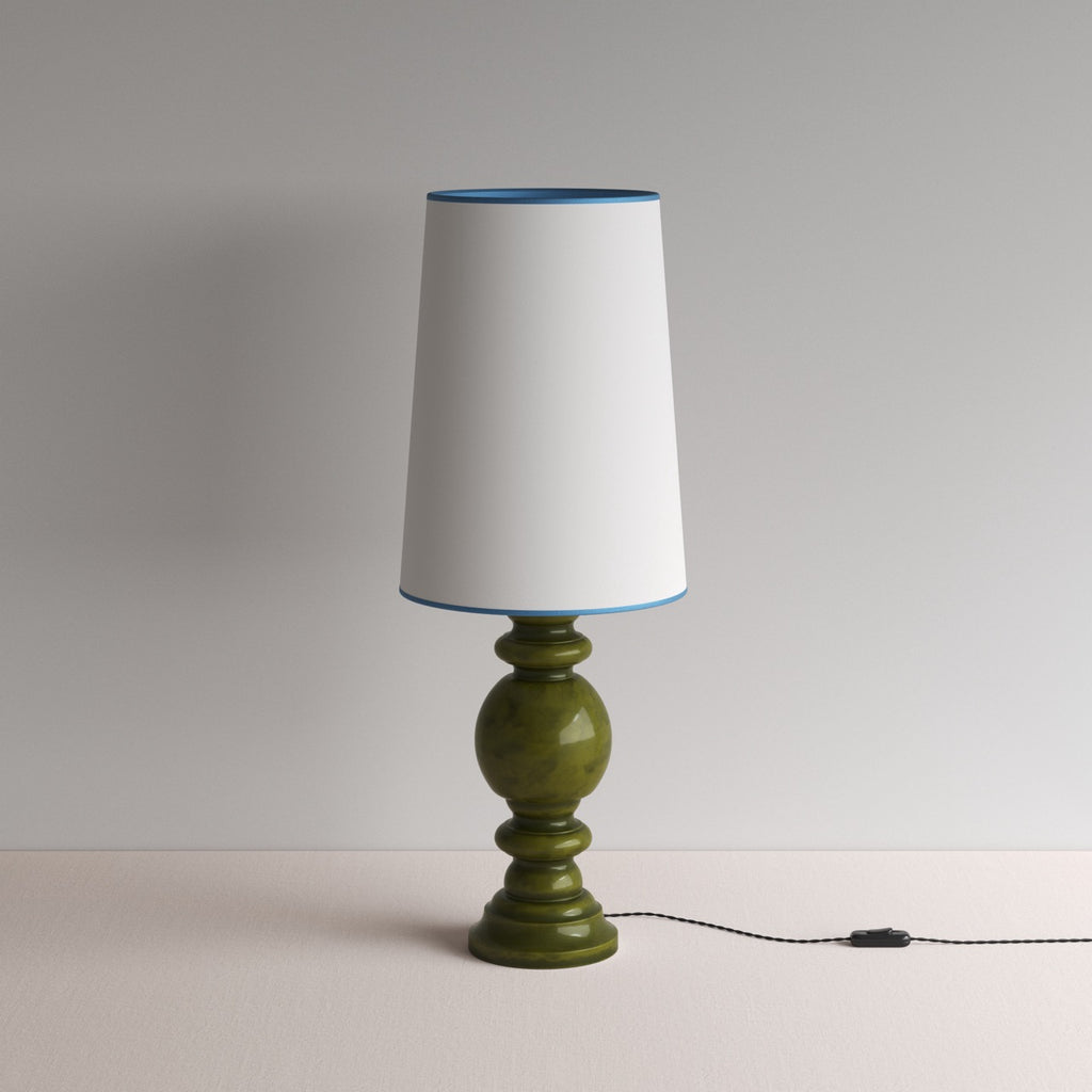 Hourglass Ceramic Table Lamp Base in Green, With Whimsical Tall Straight Empire Lamp Shade in Soft White with Peacock Blue Trim - NiX By Nicola Harding & Co.