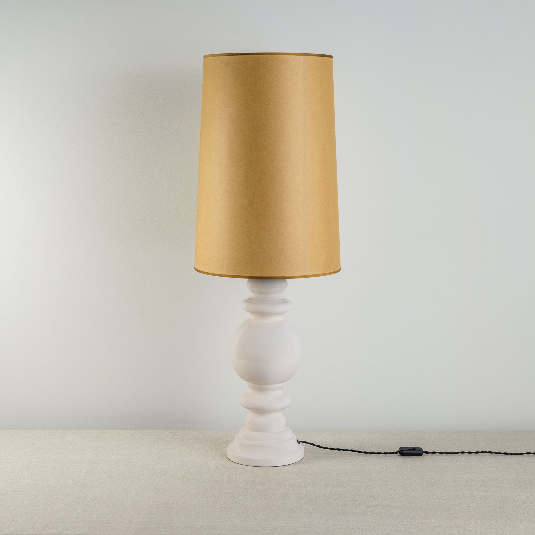 Hourglass Ceramic Table Lamp Base in White, With Whimsical Tall Straight Empire Lamp Shade in Mustard with Antiqued Gold Trim - Nicola Harding
