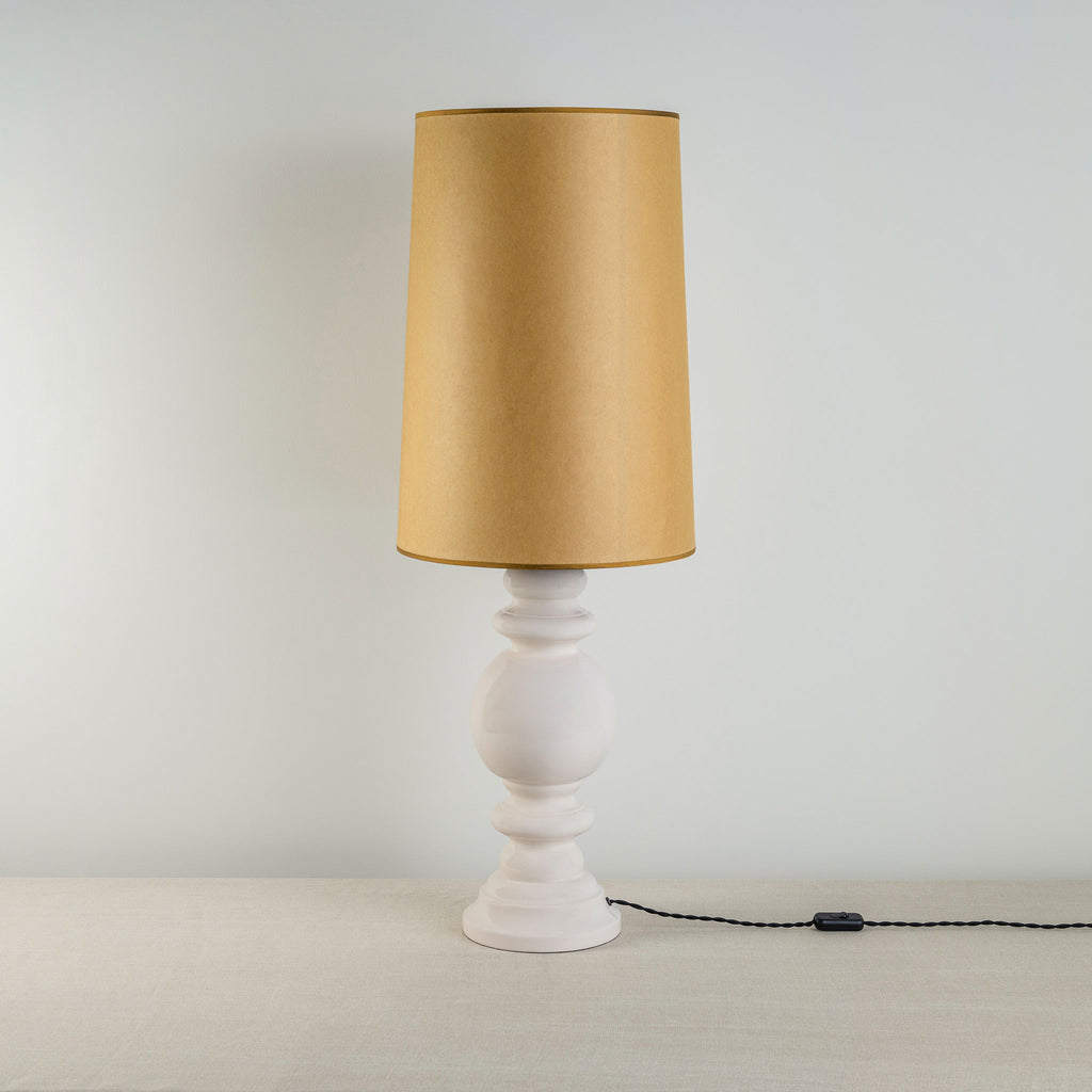 Hourglass Ceramic Table Lamp Base in White, With Whimsical Tall Straight Empire Lamp Shade in Mustard with Antiqued Gold Trim - Nicola Harding