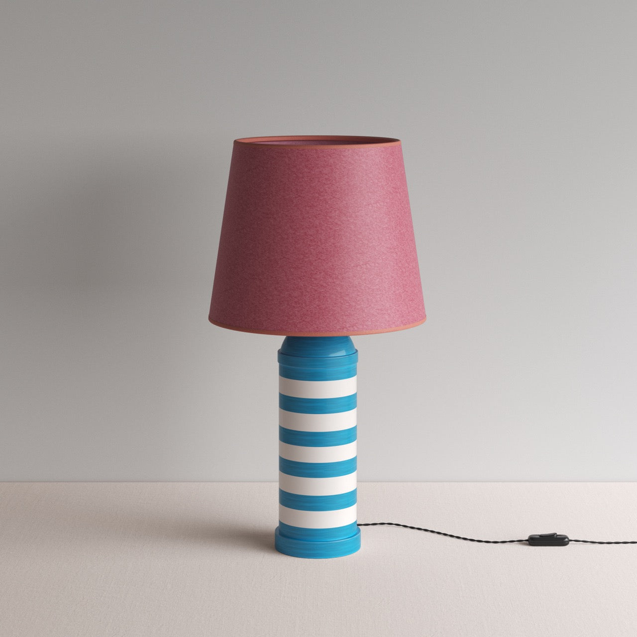 Humbug Striped Ceramic Table Lamp Base in Blue & Warm White, With Humbug Straight Empire Paper Lampshade in Burgundy Paper with Pink Trim - By NiX