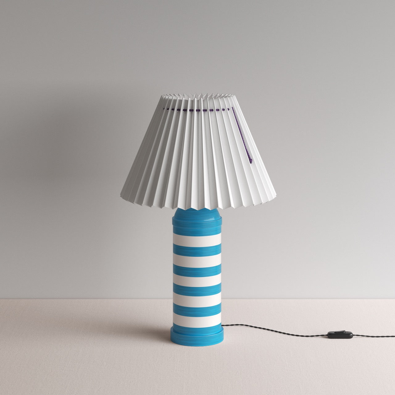 Humbug Striped Ceramic Table Lamp Base in Blue & Warm White, With Sunburst Concertina Natural Pleat Lamp Shade with Peacock Blackberry Cord - By NiX
