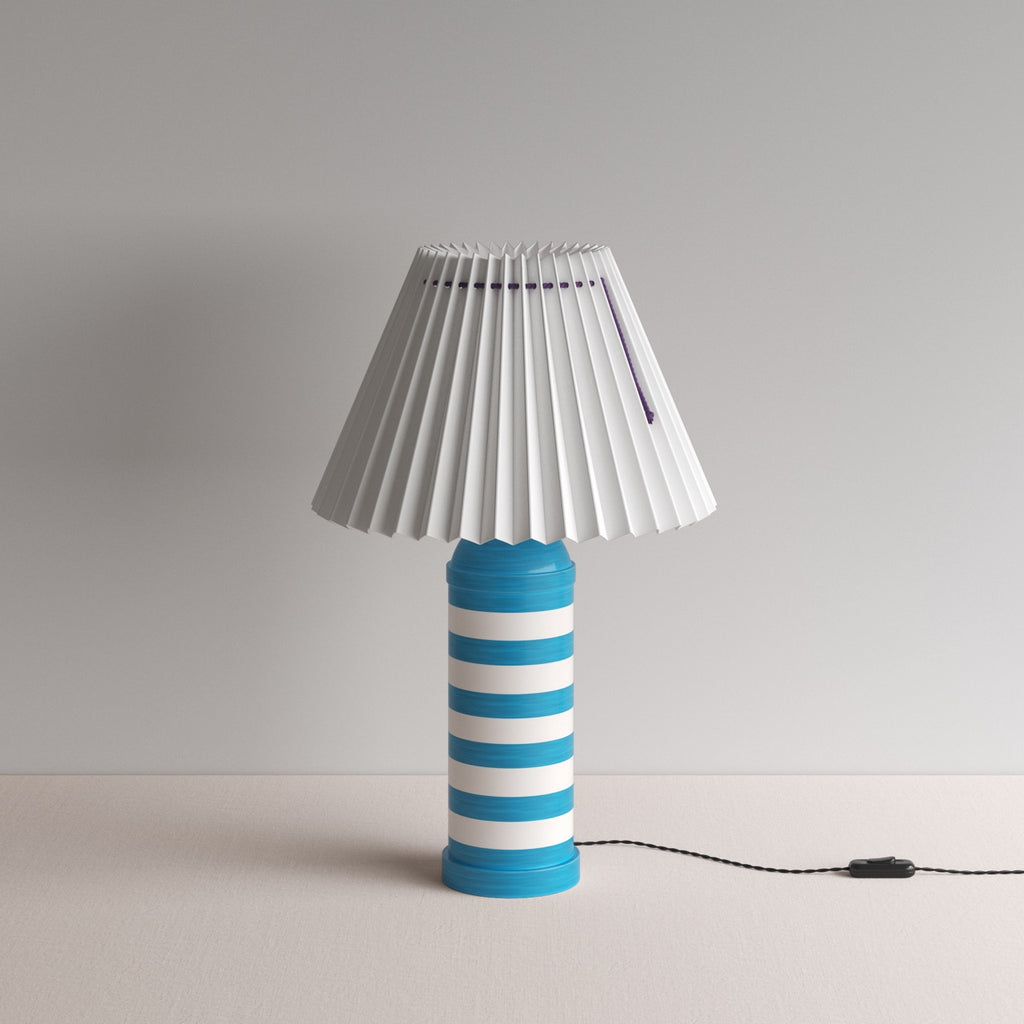 Humbug Striped Ceramic Table Lamp Base in Blue & Warm White, With Sunburst Concertina Natural Pleat Lamp Shade with Peacock Blackberry Cord - By NiX