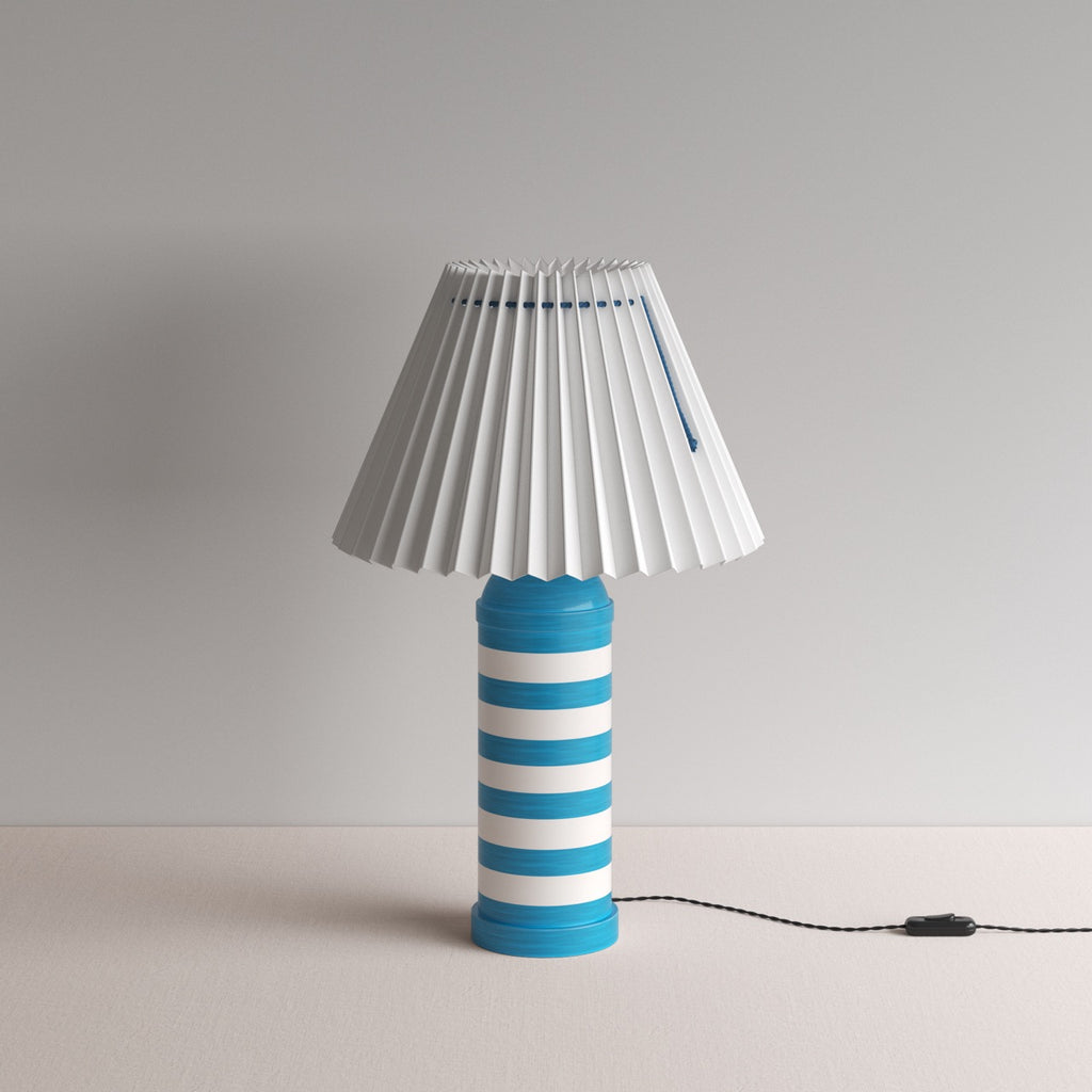 Humbug Striped Ceramic Table Lamp Base in Blue & Warm White, With Sunburst Concertina Natural Pleat Lamp Shade with Blue Cord - By NiX