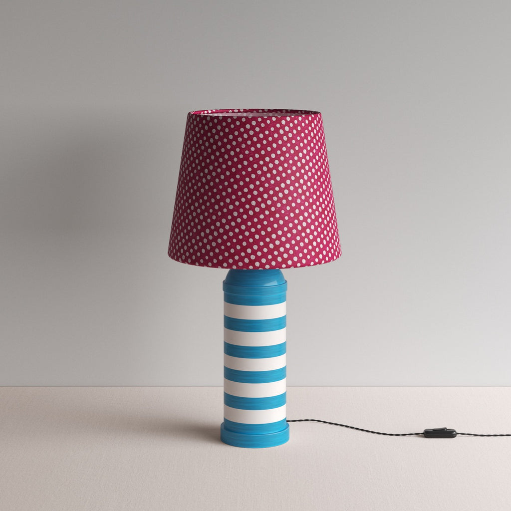 Humbug Striped Ceramic Table Lamp Base in Blue & Warm White, With Humbug Straight Empire Batik Paper Lamp Shade in Dotty Maroon - By NiX