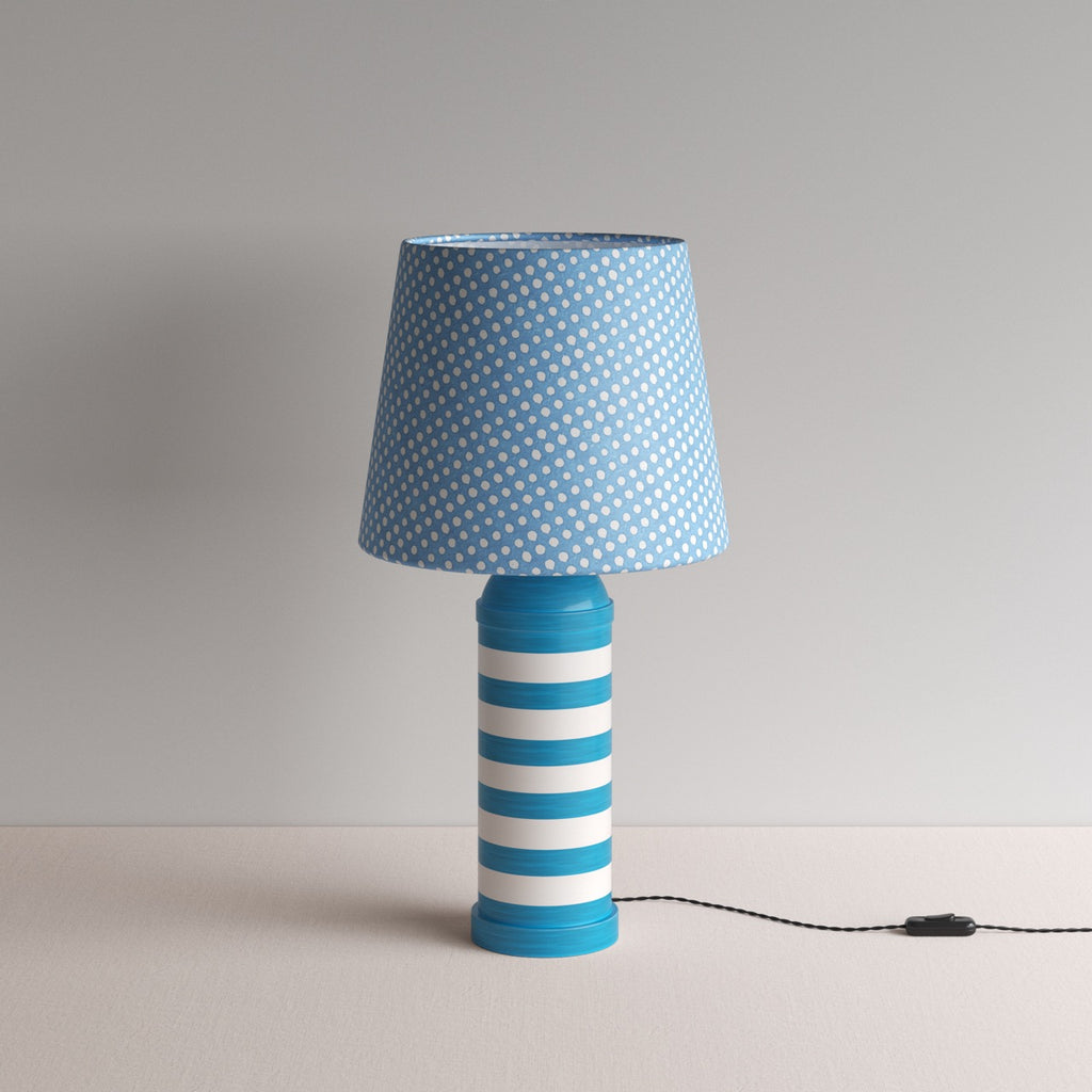 Humbug Striped Ceramic Table Lamp Base in Blue & Warm White, With Humbug Straight Empire Batik Paper Lamp Shade in Dotty Sky Blue - By NiX