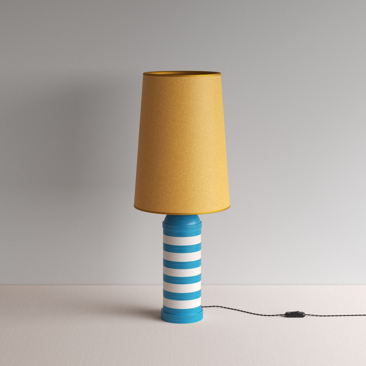 Humbug Striped Ceramic Table Lamp Base in Blue & Warm White, With Whimsical Tall Straight Empire Lamp Shade in Mustard with Antiqued Gold Trim - By NiX