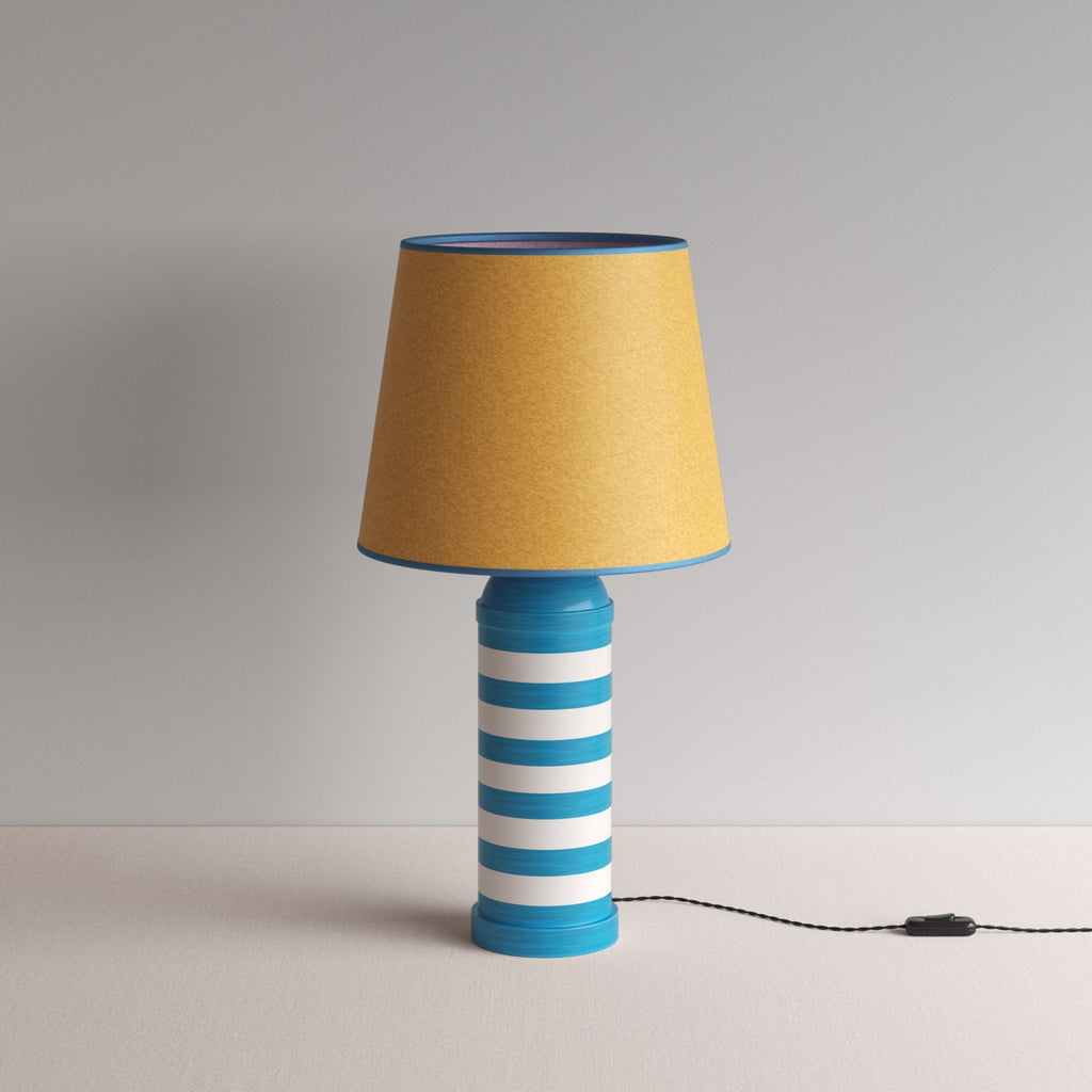 Humbug Striped Ceramic Table Lamp Base in Blue & Warm White, With Humbug Straight Empire Paper Lamp Shade in Mustard with Blue Trim - By NiX