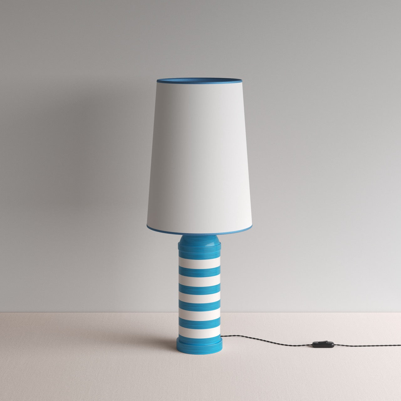 Humbug Striped Ceramic Table Lamp Base in Blue & Warm White, With Whimsical Tall Straight Empire Lamp Shade in Soft White with Peacock Blue Trim - By NiX
