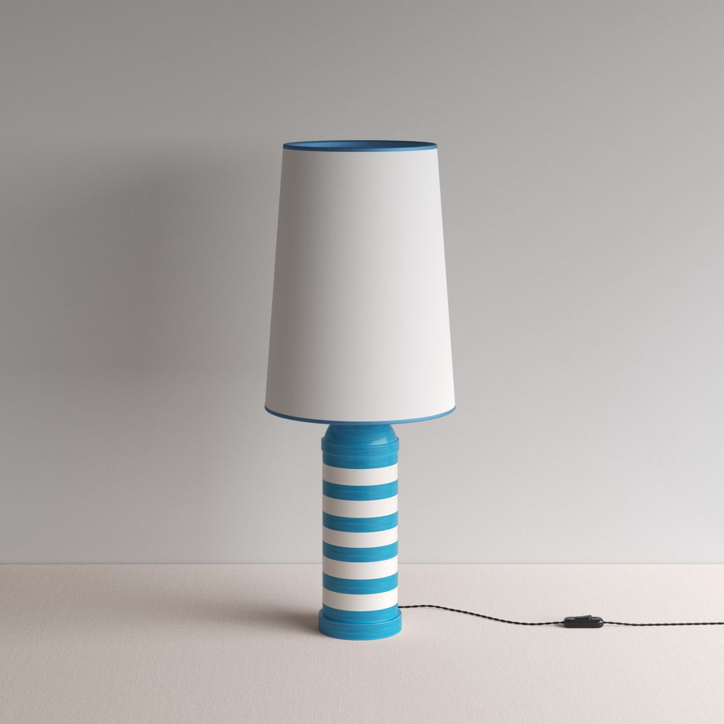 Humbug Striped Ceramic Table Lamp Base in Blue & Warm White, With Whimsical Tall Straight Empire Lamp Shade in Soft White with Peacock Blue Trim - By NiX